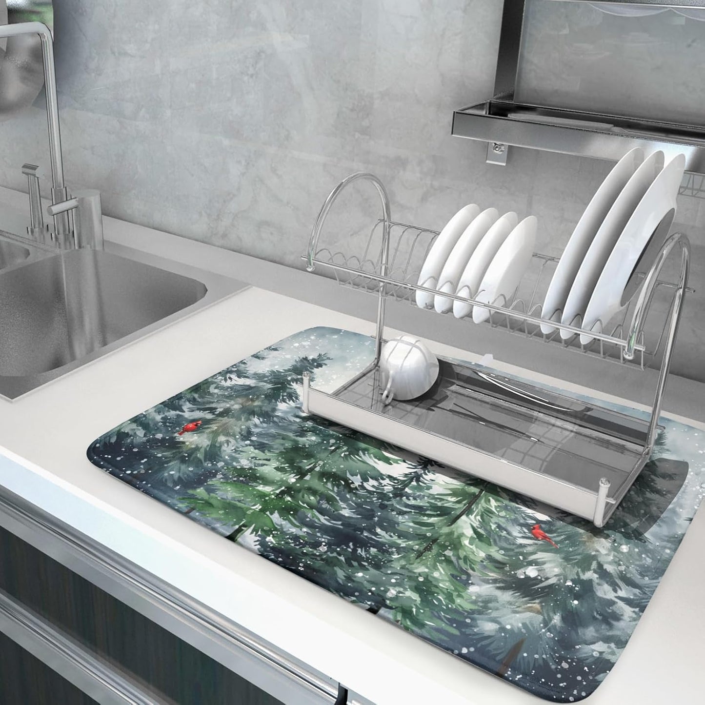 Christmas Tree Dish Drying Mat for Kitchen Counter Winter Pine Tree Dish Drying Mat 18x24 Inch Red Bird Christmas Dish Draining Mat Absorbent Reversible Dish Pad Kitchen Accessories Table Protector