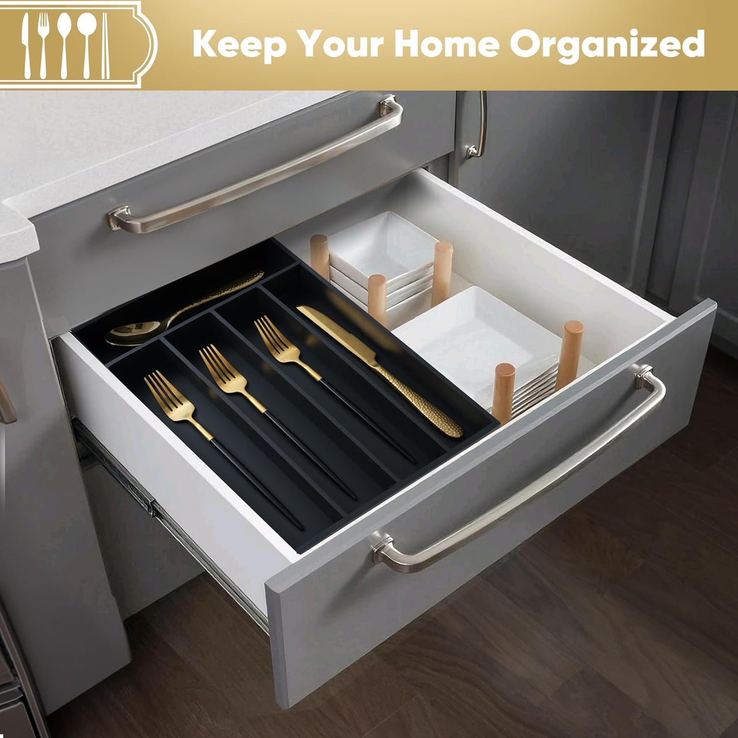 Silverware Organizer, 10 Inch Utensil Organizer Kitchen Drawer Organizer Bamboo Silverware Holder Cutlery Tray Organizer in Drawer Flatware Organizer Tray(5 slots, Black）