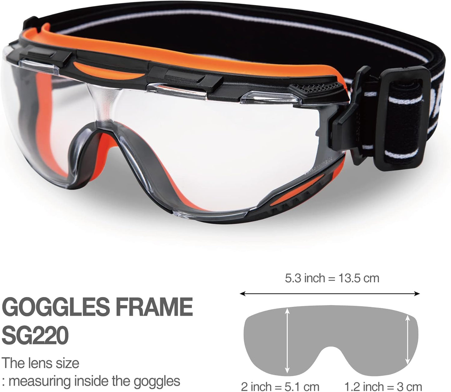 DEX FIT Protective Safety Goggles SG220; Anti Fog & Scratch, Z87 Eye Protection for Lab, Science, and Chemistry Work, Adjustable for Women and Men, (Black & Orange Frame, Clear Lens, 19cm Strap)