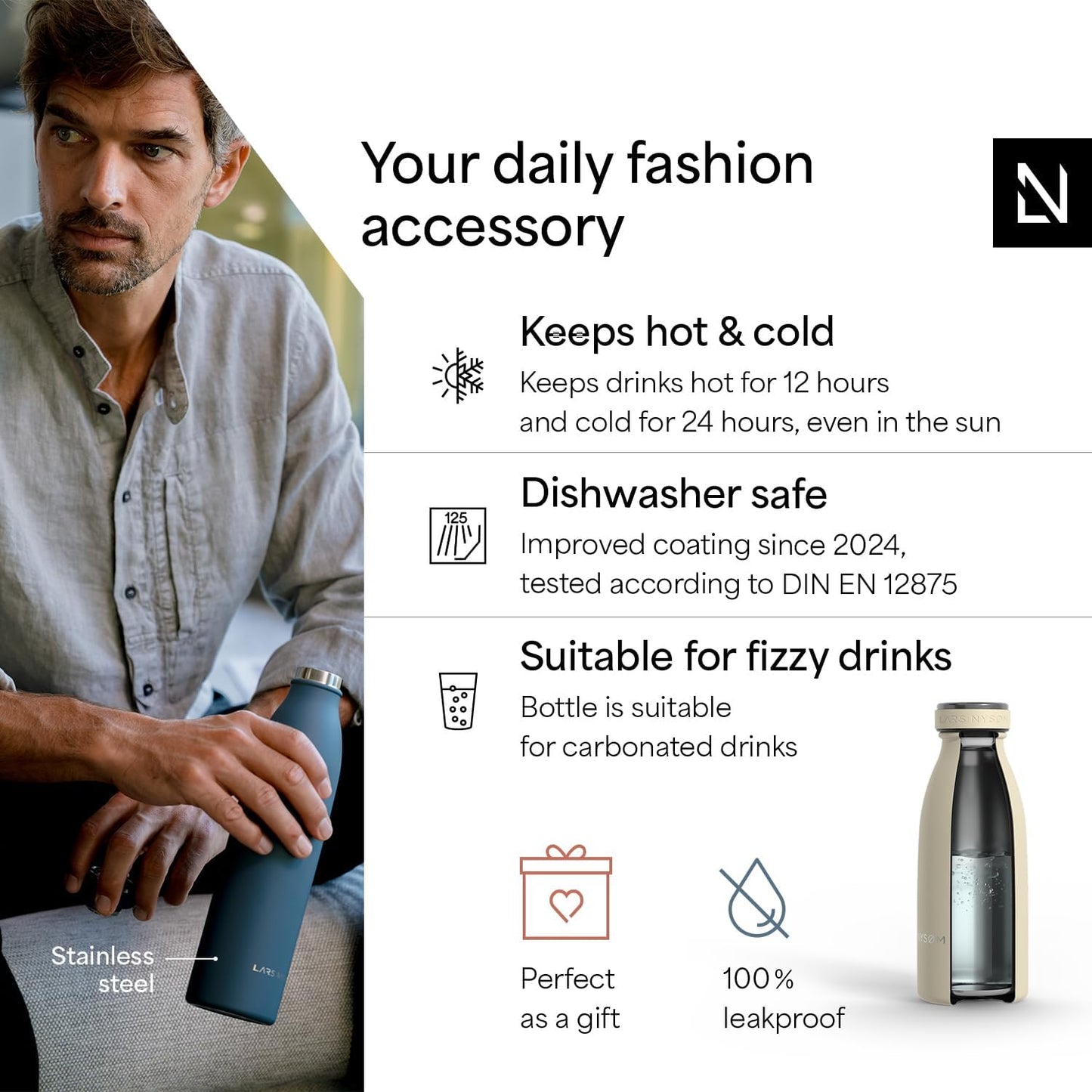 LARS NYSØM Stainless Steel Insulated Water Bottle 12oz 17oz 25oz 34oz 51oz | Insulated Thermo Flask for Hot and Cold Beverages | Leakproof Drinking Bottle (Almond Beige, 11.9oz)