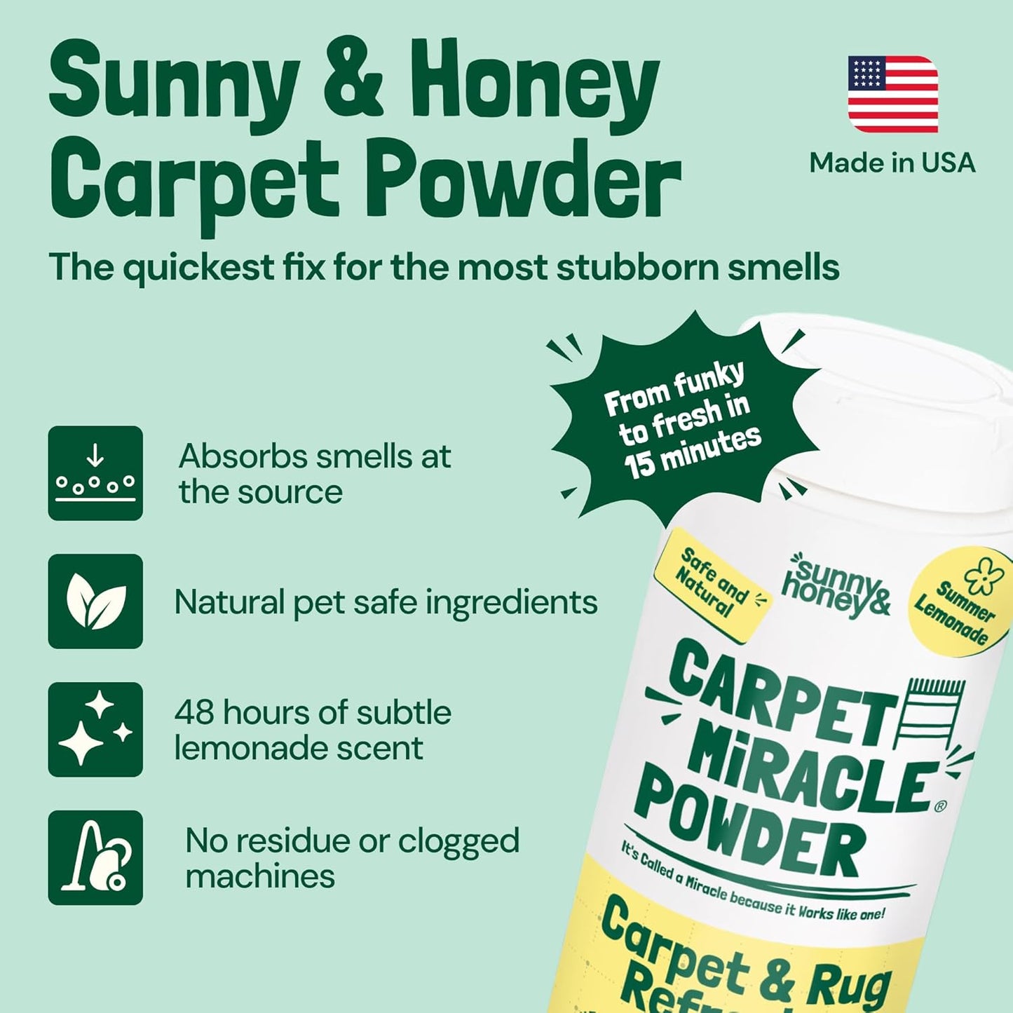 Sunny & Honey Carpet Deodorizer Powder - 20 Oz, Summer Lemonade Scent - Rug Cleaner & Carpet Cleaning Powder for Vacuuming & Upholstery Freshener for Pets & Kids