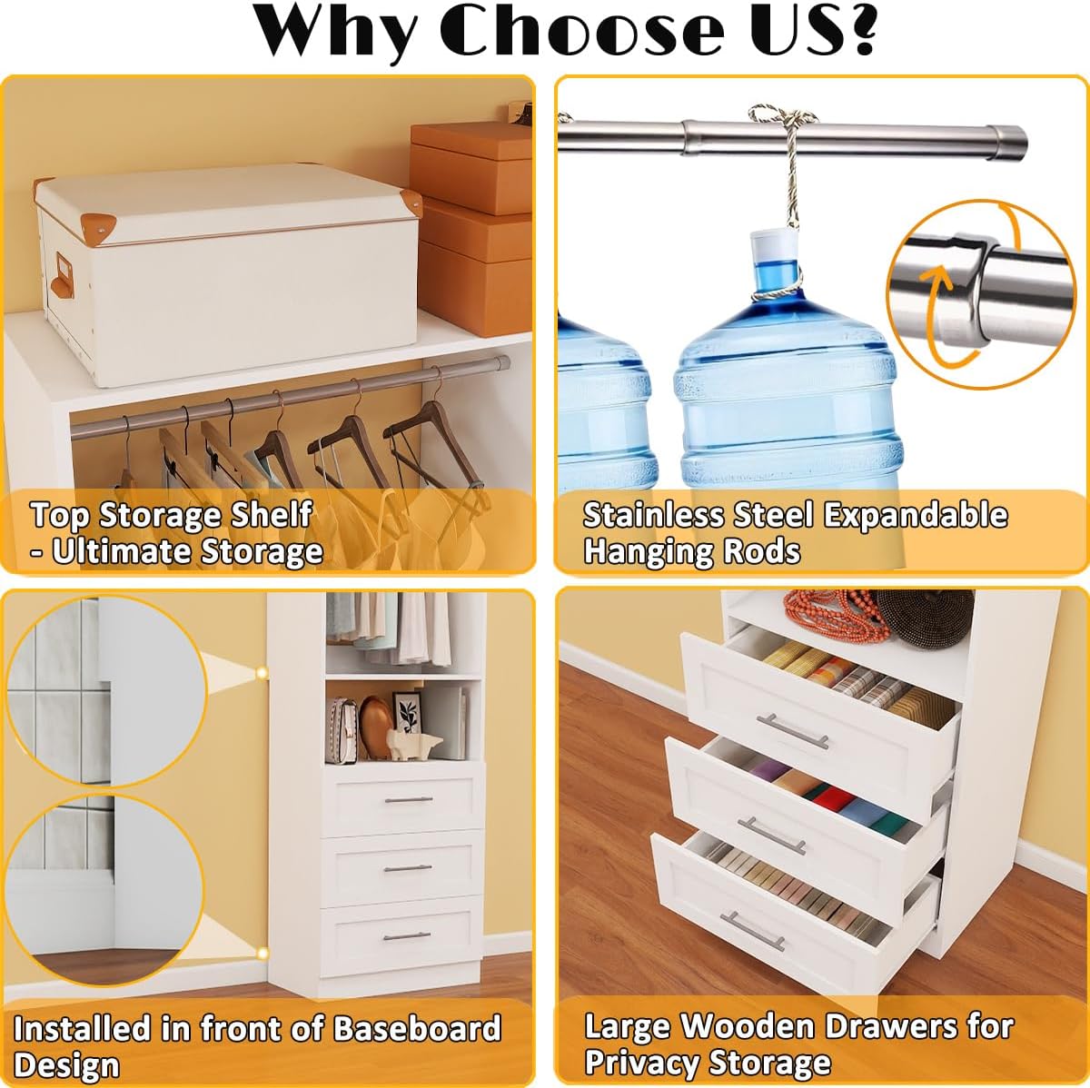 Closet System with 2 Sets, 4FT Closet Organizer Systems with 3 Wooden Drawers & 5 Hanging Rods, Walk in Closet Standalone Corner Closet System Modular Closet System Set White (4FT)