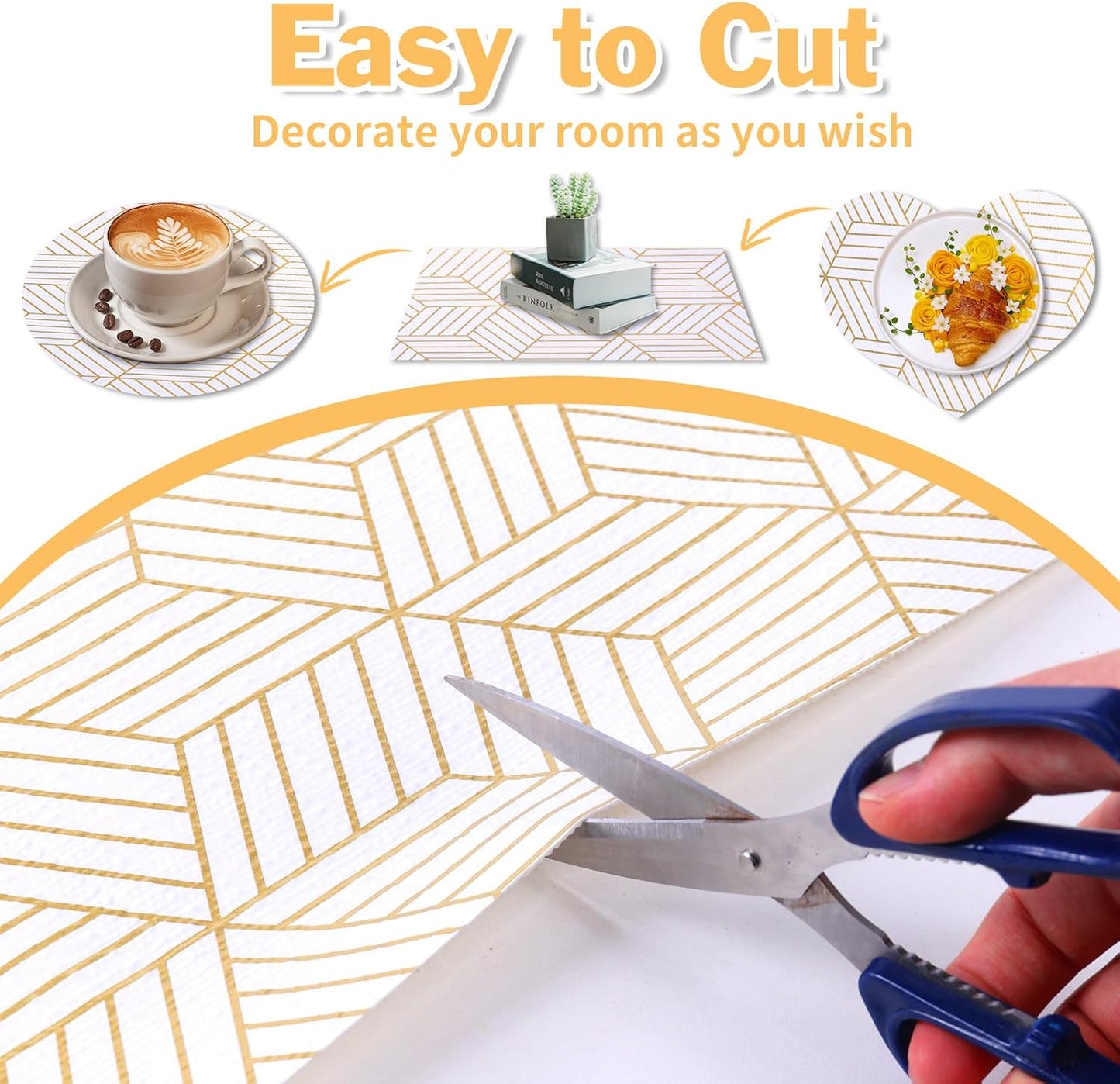 Shelf Liners for Kitchen Cabinets 11.8 x 236.2In Non Adhesive Shelf Liner Paper Non-Slip Thickened Drawer Liner Easy to Clean for Tool Box Refrigerator with Knife and Tape Measure, Gold Geometric