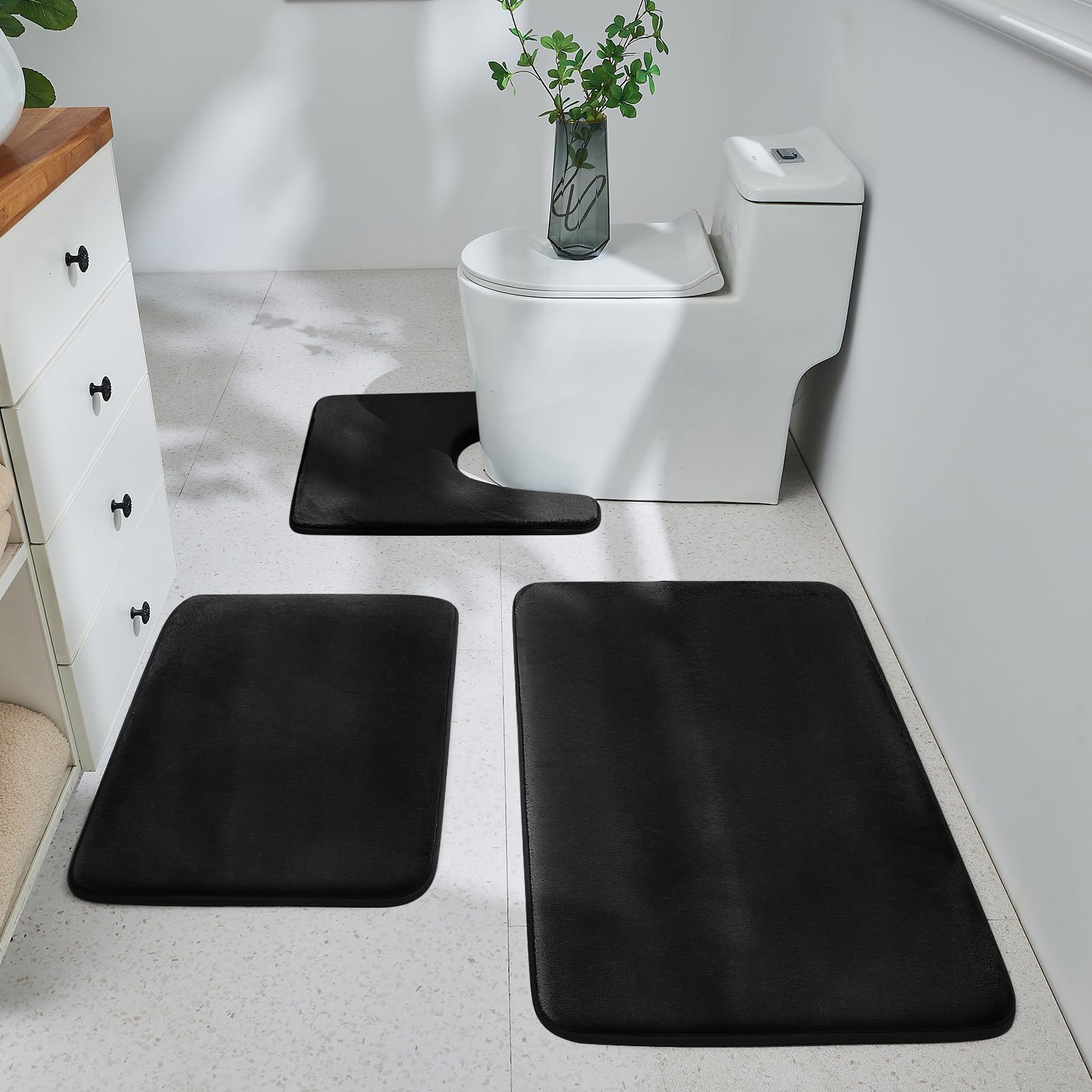 HUXMEYSON 3-Piece Memory Foam Bathroom Rug Set, Black