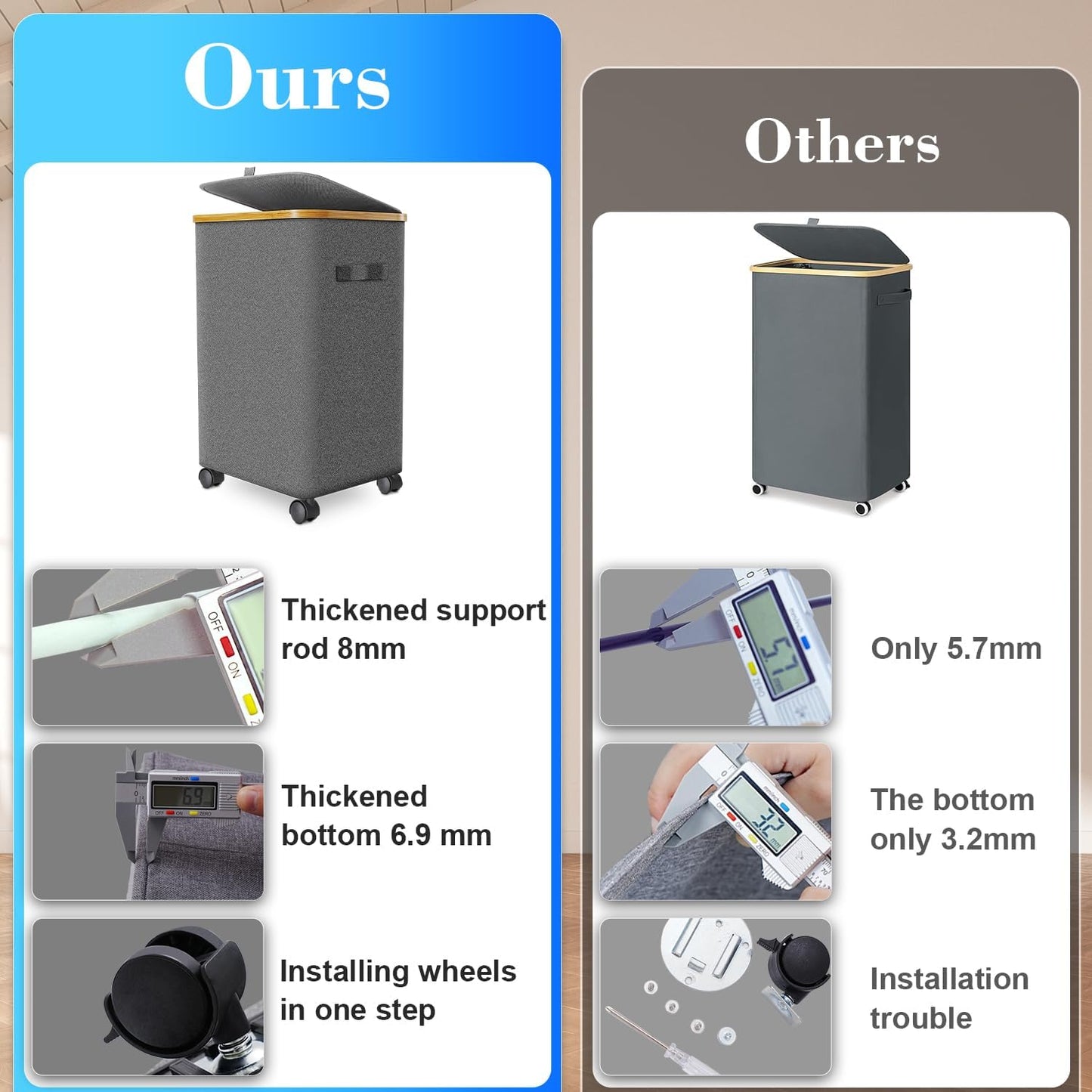 Laundry Hamper with Wheels,20 Gal (75L) Laundry Basket with lid Rolling Clothes Hamper Foldable Dirty Clothes Basket on wheels with Bamboo Frame and Bag for Bedroom, Dorm, Laundry Room-Grey