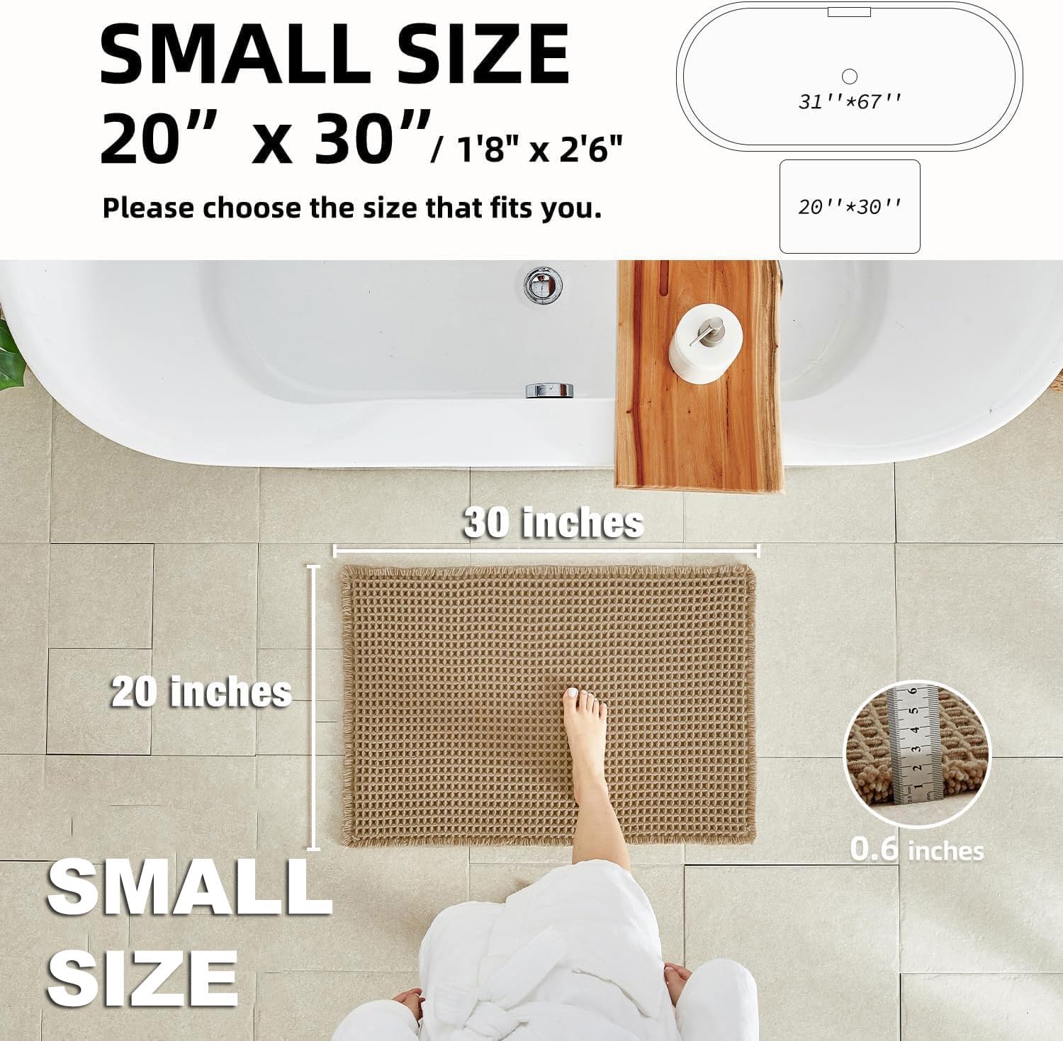 TYUU Waffle Bath Mat, Boho Bathroom Rugs Non Slip Washable, 30x20 Khaki