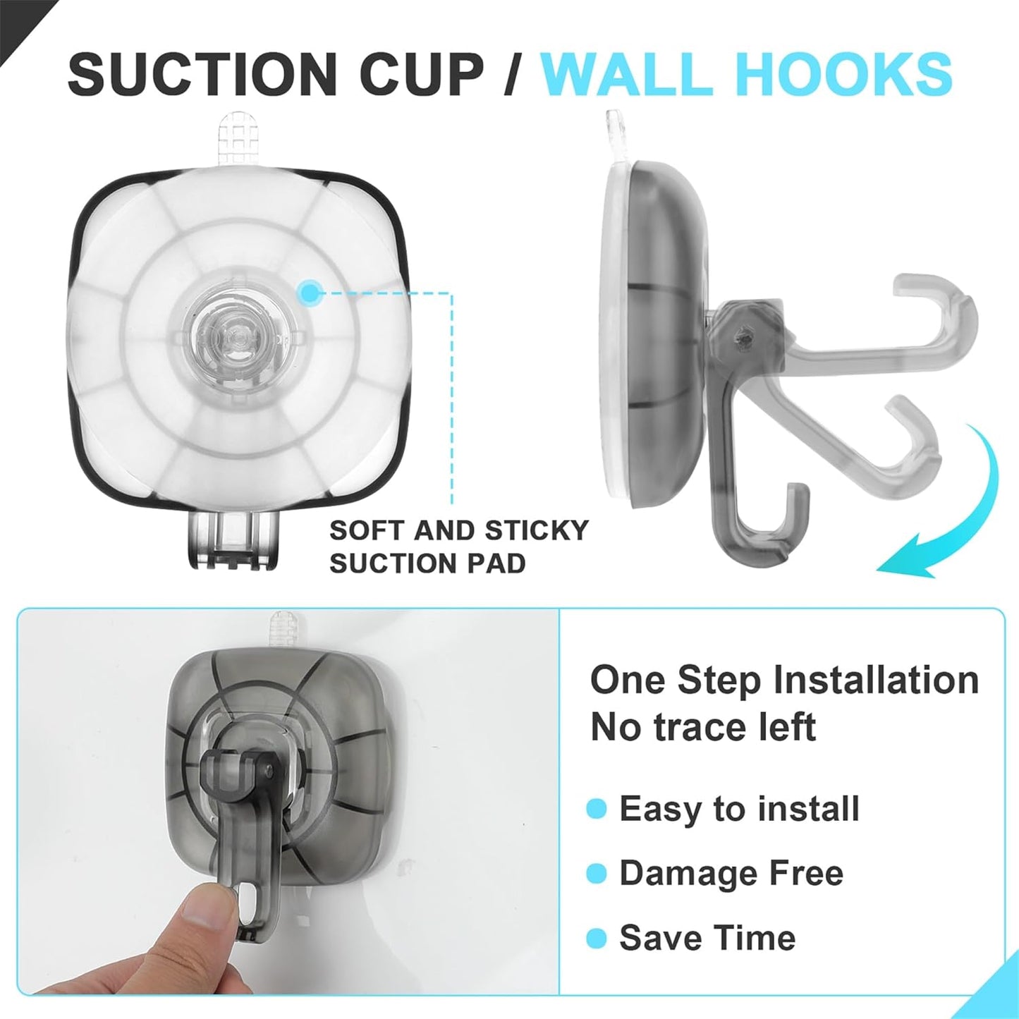 22 lb Heavy Duty Suction Cup Hooks 4 Pack - 360° Rotating Shower Hooks for Bathroom, Wall, Glass Door, Window Hanging Foldable Holder for Towel, Wreath, Cups (ABS+PC) No Drill Suction Hook Reusable
