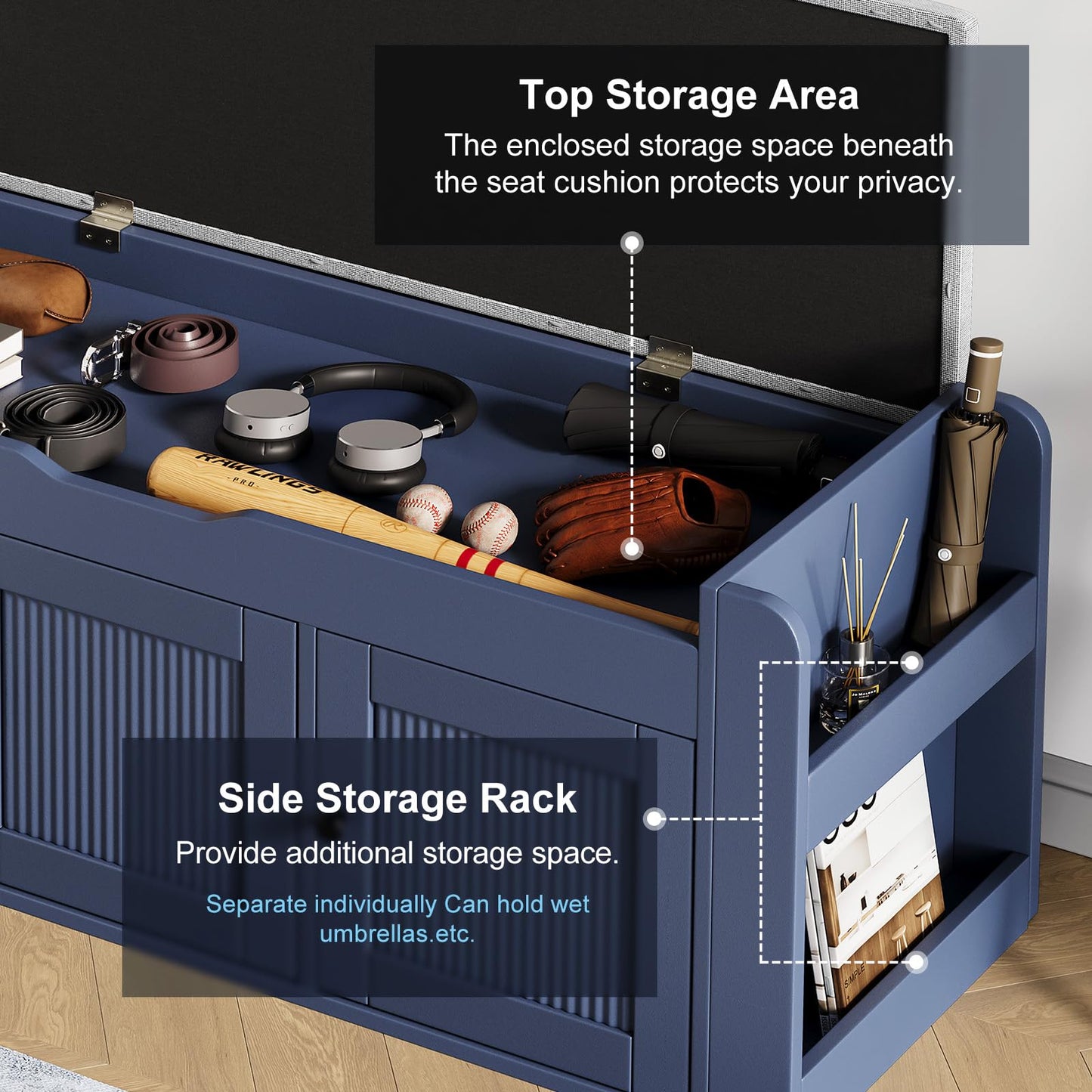 HOTAMO 42.6" Storage Bench - Shoe Storage Bench with Side Storage Shelves and 3 Doors