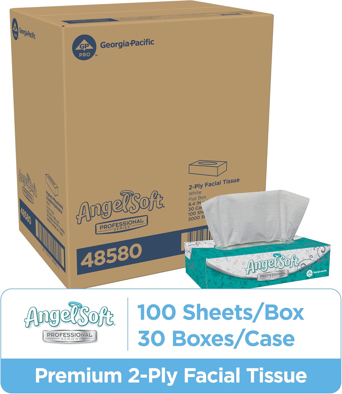 Georgia-Pacific Angel Soft Professional Series 2-Ply Facial Tissue (48580), 100 Sheets Per Box, 30 Tissue Flat Boxes Per Bulk Case