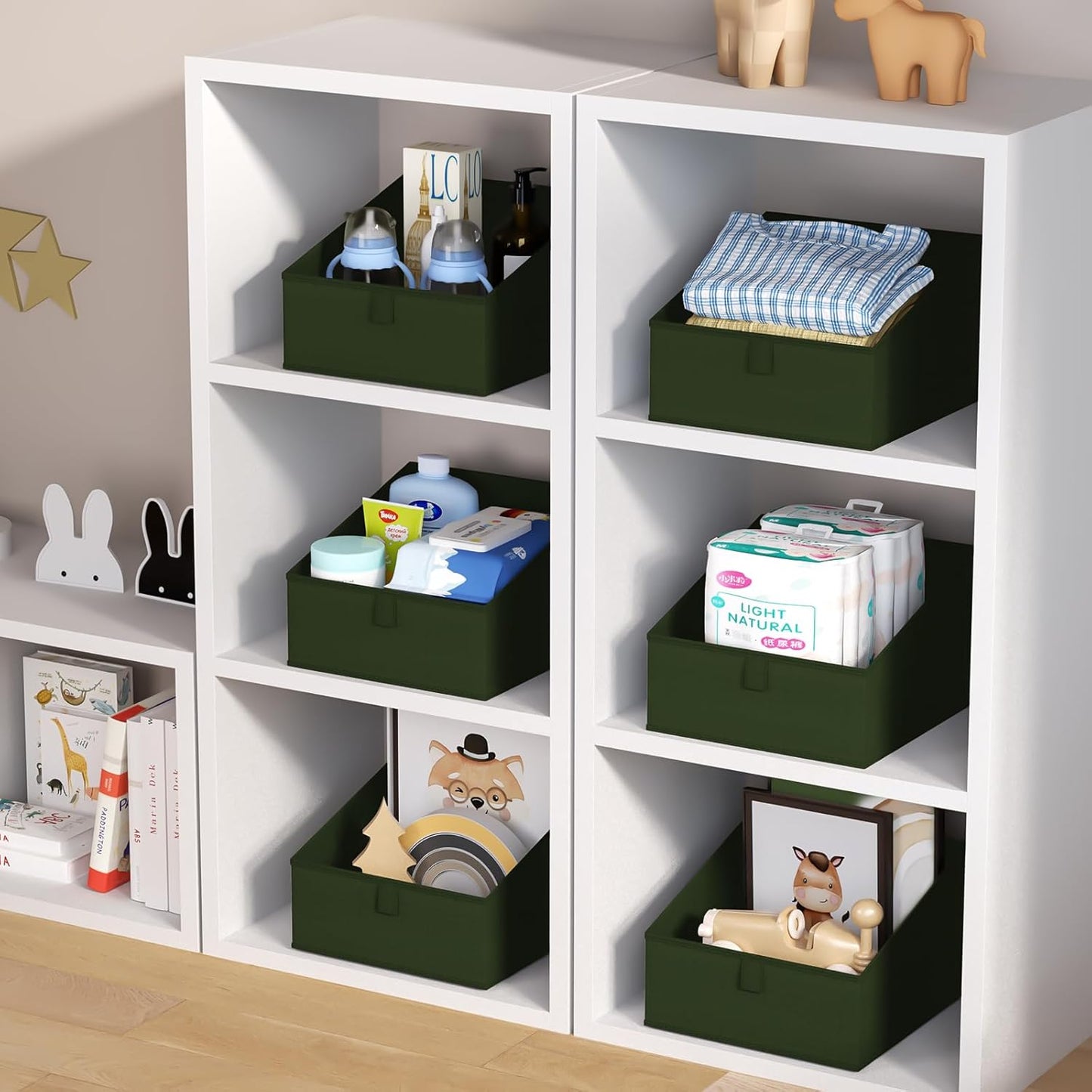 DIMJ Closet Storage Bins 6 Pack - Fabric Trapezoid Closet Organizer Bin, Foldable Storage Baskets for Shelves, Closet Shelf Organizer, Clothing Storage Box for Toys, Books, Towel, Clothes, Green