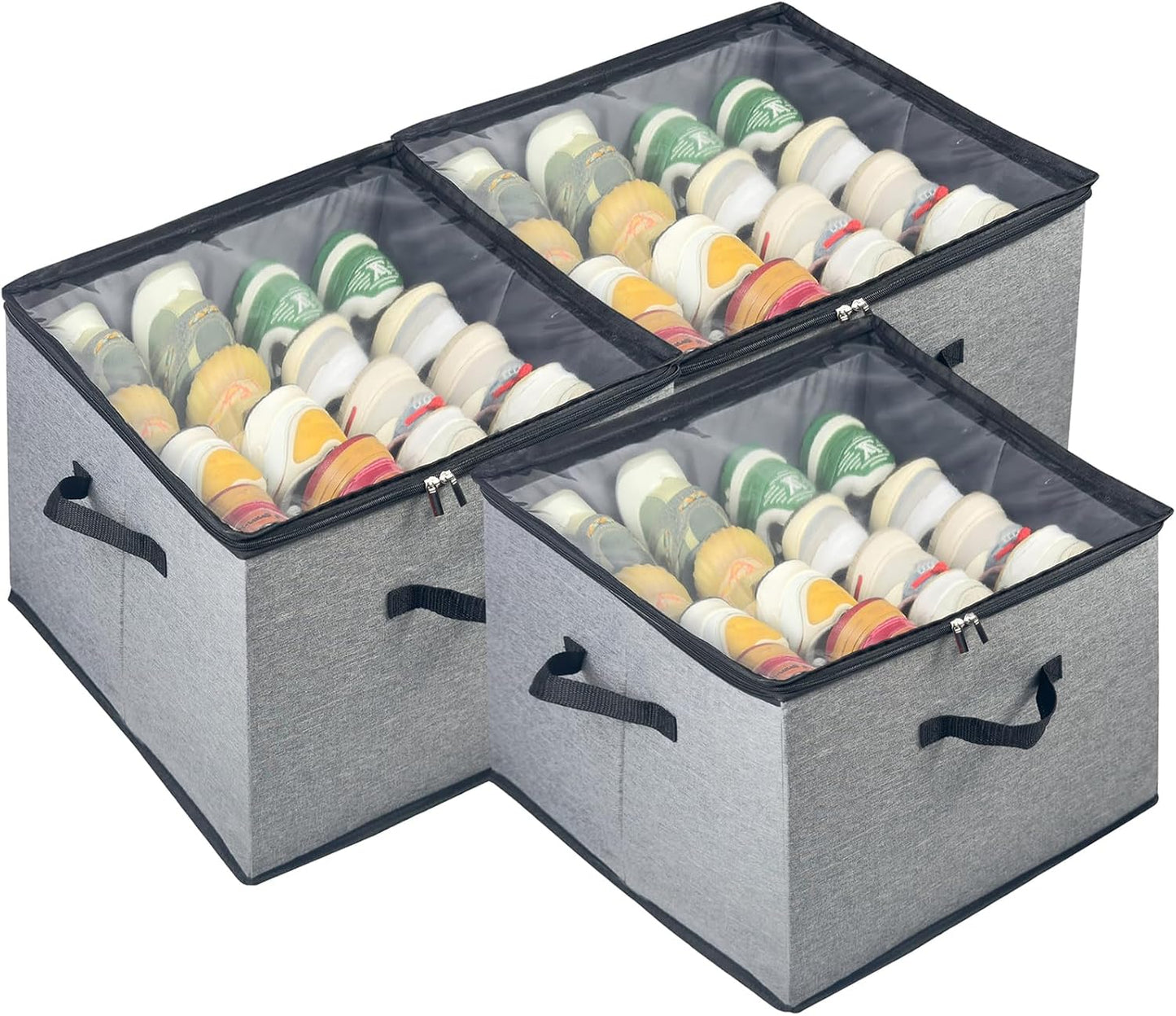 Shoe Organizer for Closet, 3 Pack Shoe Storage Bins with Clear Cover, Adjustable Dividers Fits 24-48 Pairs, Grey