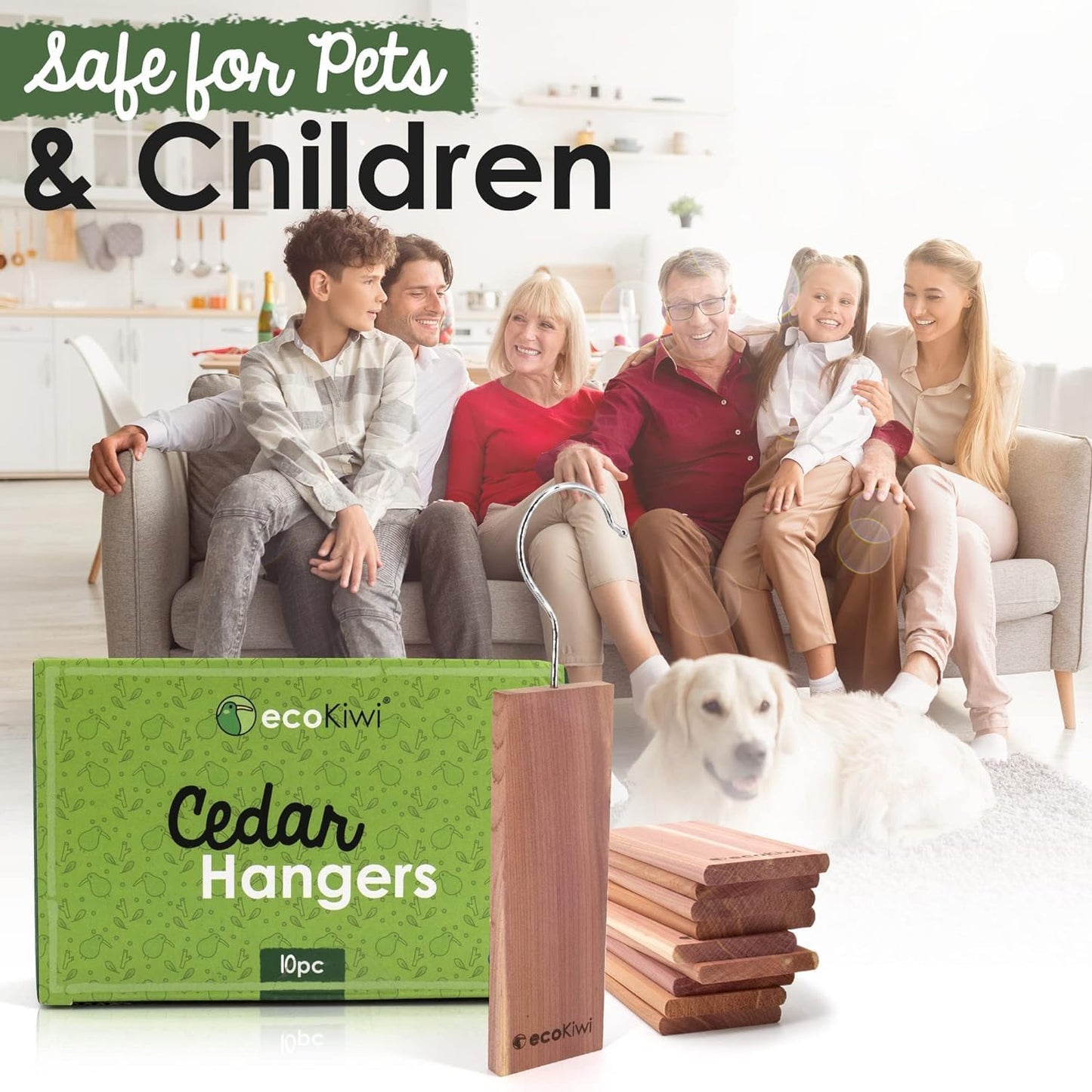 ecoKiwi Cedar Blocks for Clothes Storage - 10 Pack Hang Ups - 100% Natural Aromatic Cedar Planks for Closets and Drawers - Cedar Wood Hangers Balls Chips with Sandpaper - Cedarwood Scented Freshener