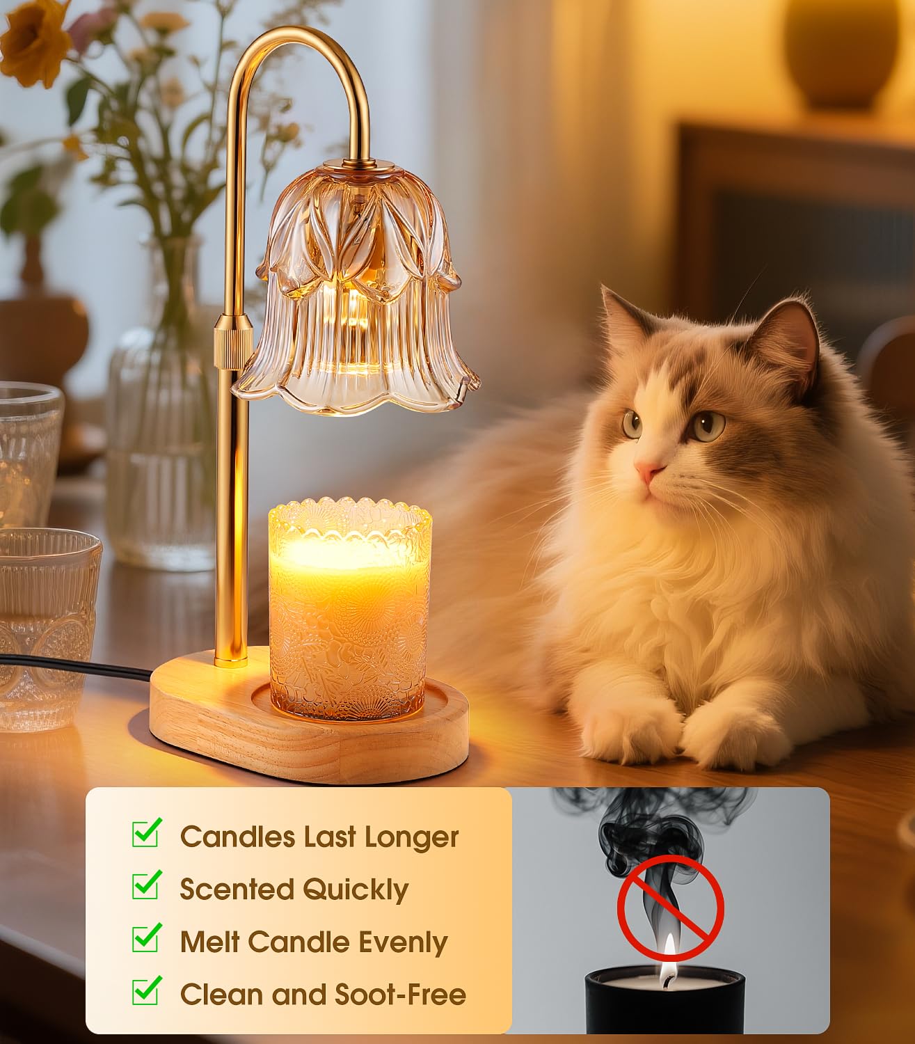 Candle Warmer Lamp Adjustable Timer - Electric Flower Glass Candles Light