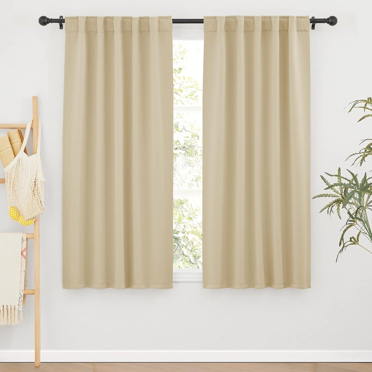 RYB HOME Short Blackout Curtains 63 inches, Solid Heavy Duty Small Window Treatment Room Darkening Privacy Draperies for Basement Bathroom Bedroom, Biscotti Beige, W42 x L63 inch, 2 Panels
