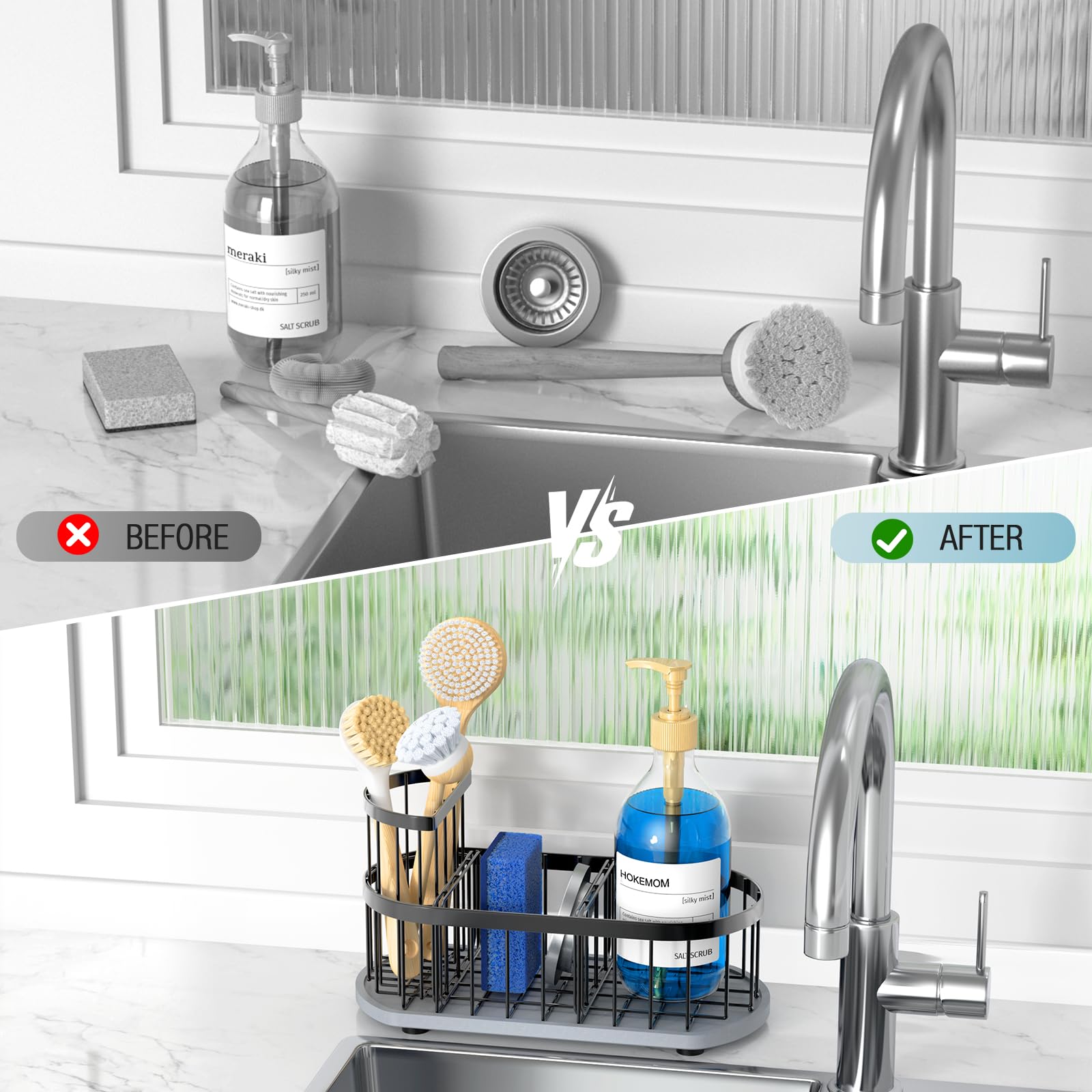 Sink Caddy Kitchen Sink Organizer, Sponge & Brush Holder, Stone Drying Mat