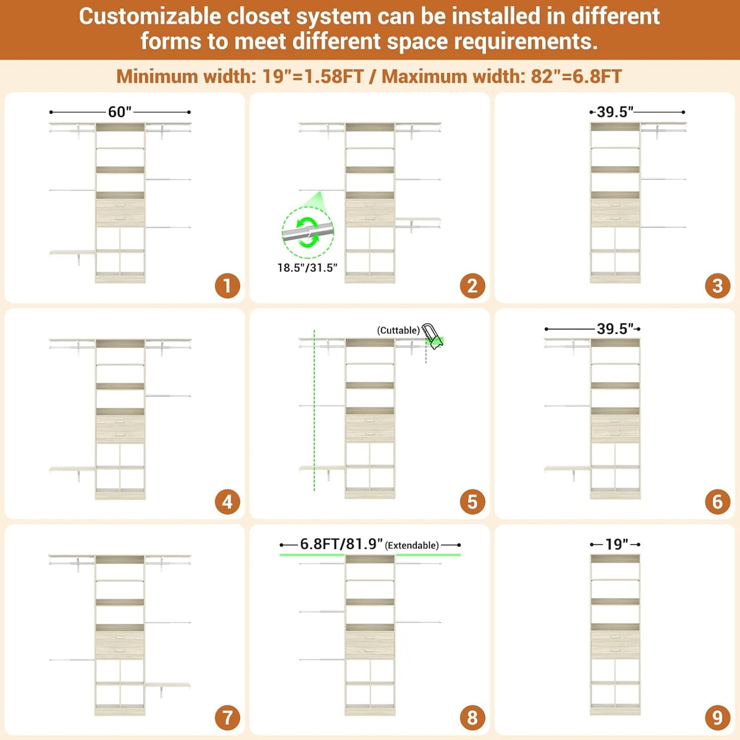 5FT Small Closet System, Baby Closet Organizer System with Wooden Drawers, 60 Inches Walk in Closet System with 5 Hanging Rods and 3 Reversible Hanging Shelving, Greige Oak