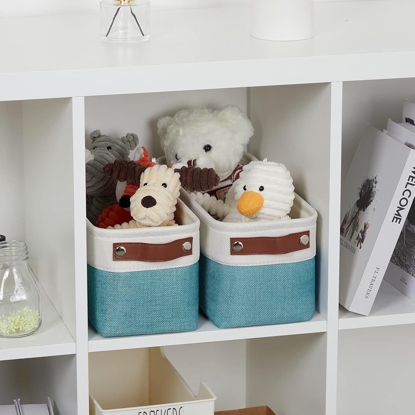 DULLEMELO Small Bathroom Closet Storage Baskets Canvas Fabric Storage Bins for Toilet 2 Pack Collapsible Home Organizer With Handles (White&Teal)