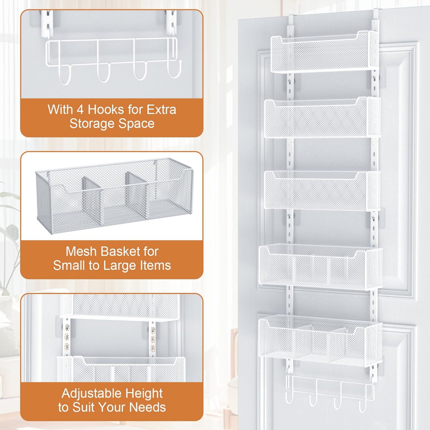 VyGrow Over The Door Organizer, Metal Door Organizer Hanging with 5 Adjustable Baskets and Coat