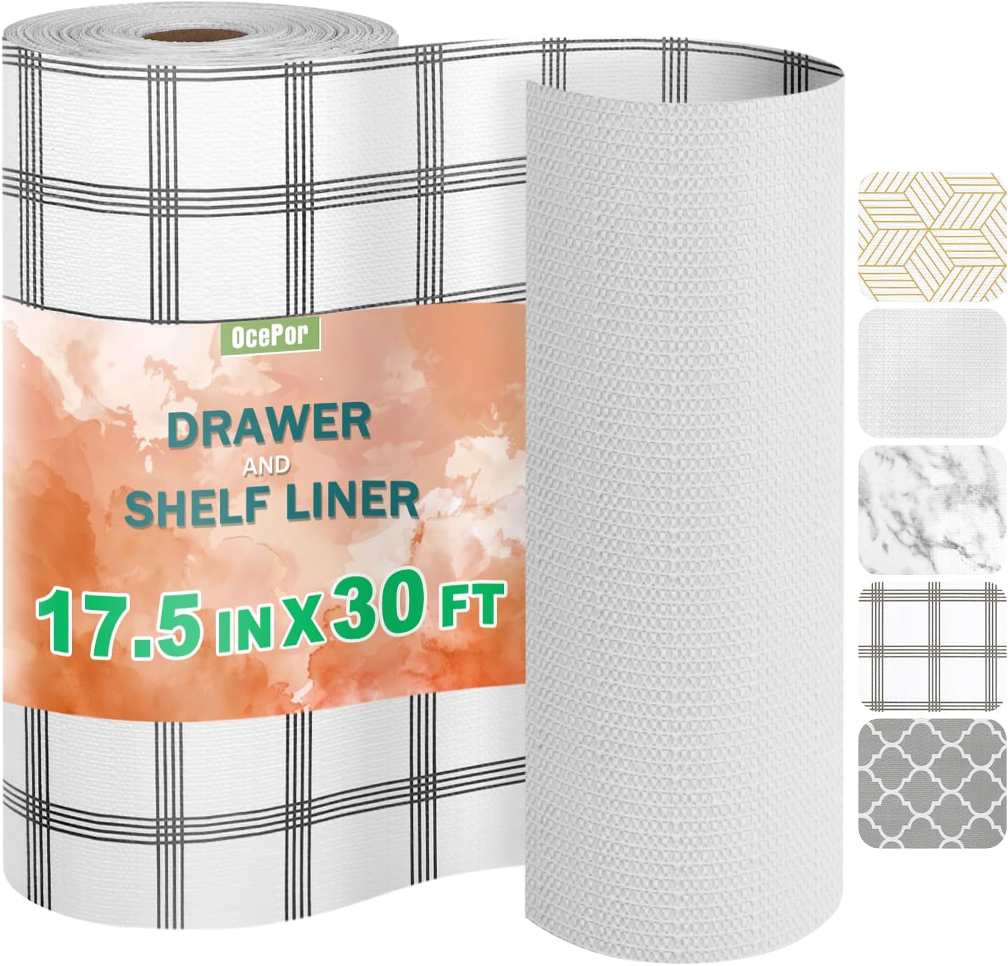 OcePor Non-Adhesive Drawer and Shelf Liner 17.5IN x 30FT，Non Slip Cabinet and Cupboard Liner, Kitchen Cabinet Liners for Shelves, Waterproof Drawer Shelf Liners for Cabinets/Bathroom Cupboard, Stripe