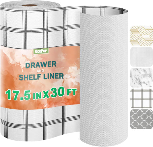 OcePor Non-Adhesive Drawer and Shelf Liner 17.5IN x 30FT，Non Slip Cabinet and Cupboard Liner, Kitchen Cabinet Liners for Shelves, Waterproof Drawer Shelf Liners for Cabinets/Bathroom Cupboard, Stripe