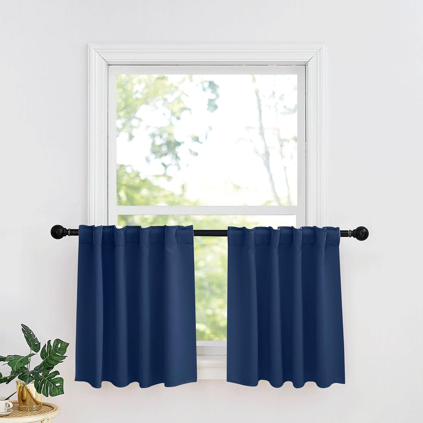 RYB HOME Small Window Curtains - Blackout Insualting Privacy Curtains for Kids Bedroom Kitchen Bathroom Basement Cafe Cabinet Tiers Drapes, 34 Width x 30 Length, 2 Panels, Navy Blue