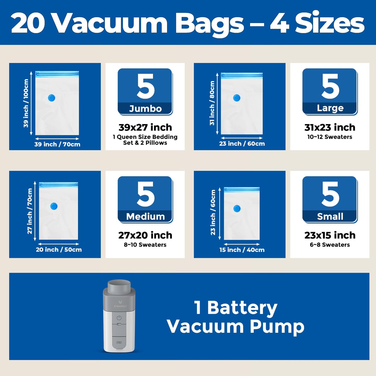 ETENWOLF 20 Combo Vacuum Storage Bags for Travel with Wireless Pump