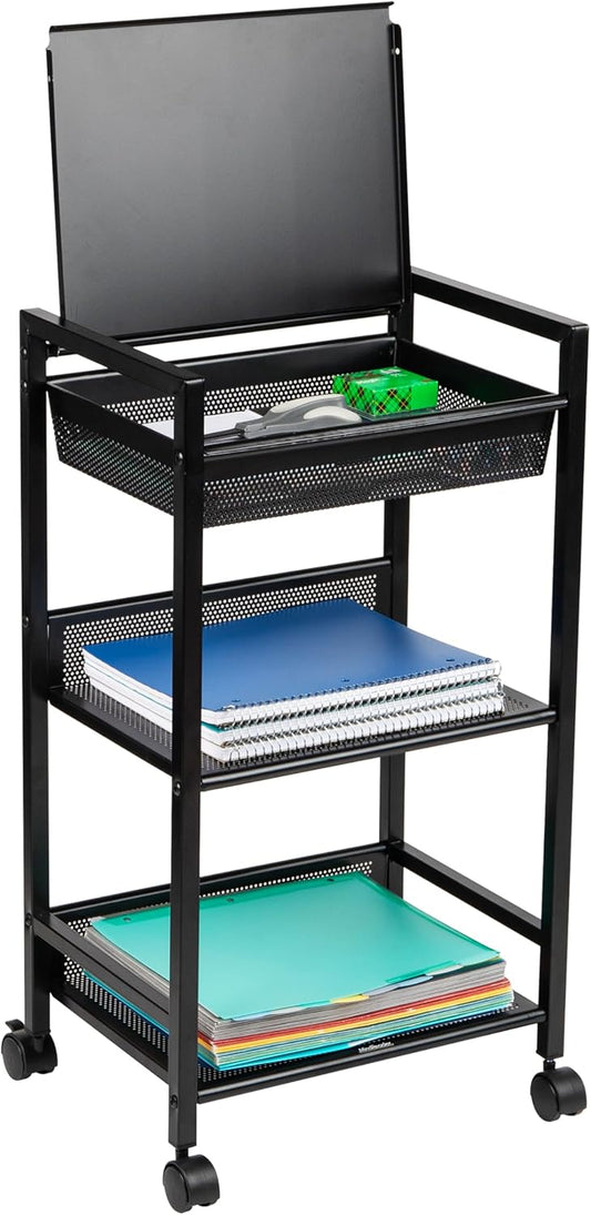 Mind Reader Cart with Covered Compartment, Office Organizer, Storage, 3-Tier, Office, Metal, 15.5" L x 11" W x 28.25" H, Black