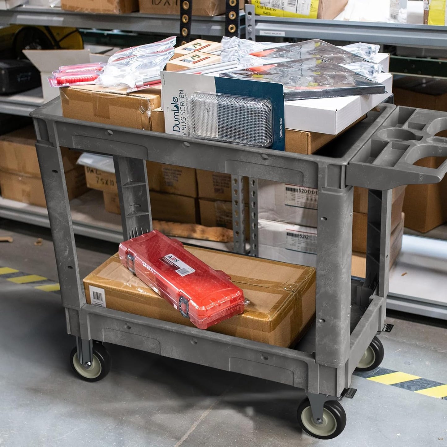 2 Tier Plastic Rolling Cart Utility Cart on Wheels, Heavy Duty Tool Carts with Ergonomic Storage Handle and Deep Shelfs, Work Carts Service Cart for Garage, Warehouse, Workshop, Office, Cleaning