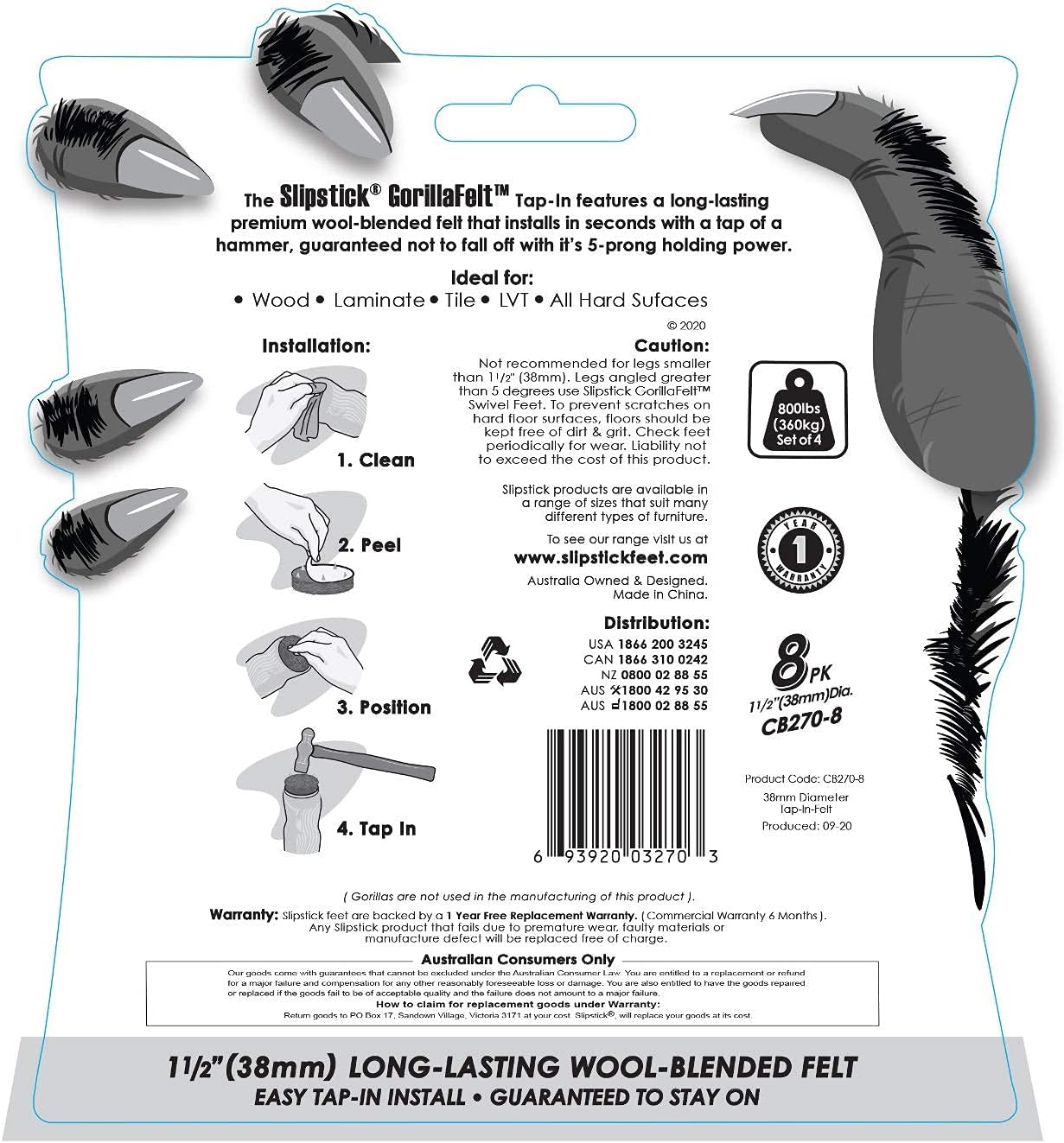 Slipstick GorillaFelt 1-1/2 Inch Felt Glides/Furniture Feet Floor Protectors (Set of 8 Sliders) Nail On Felt Furniture Pads Guaranteed to Stay On, Round, CB270-8