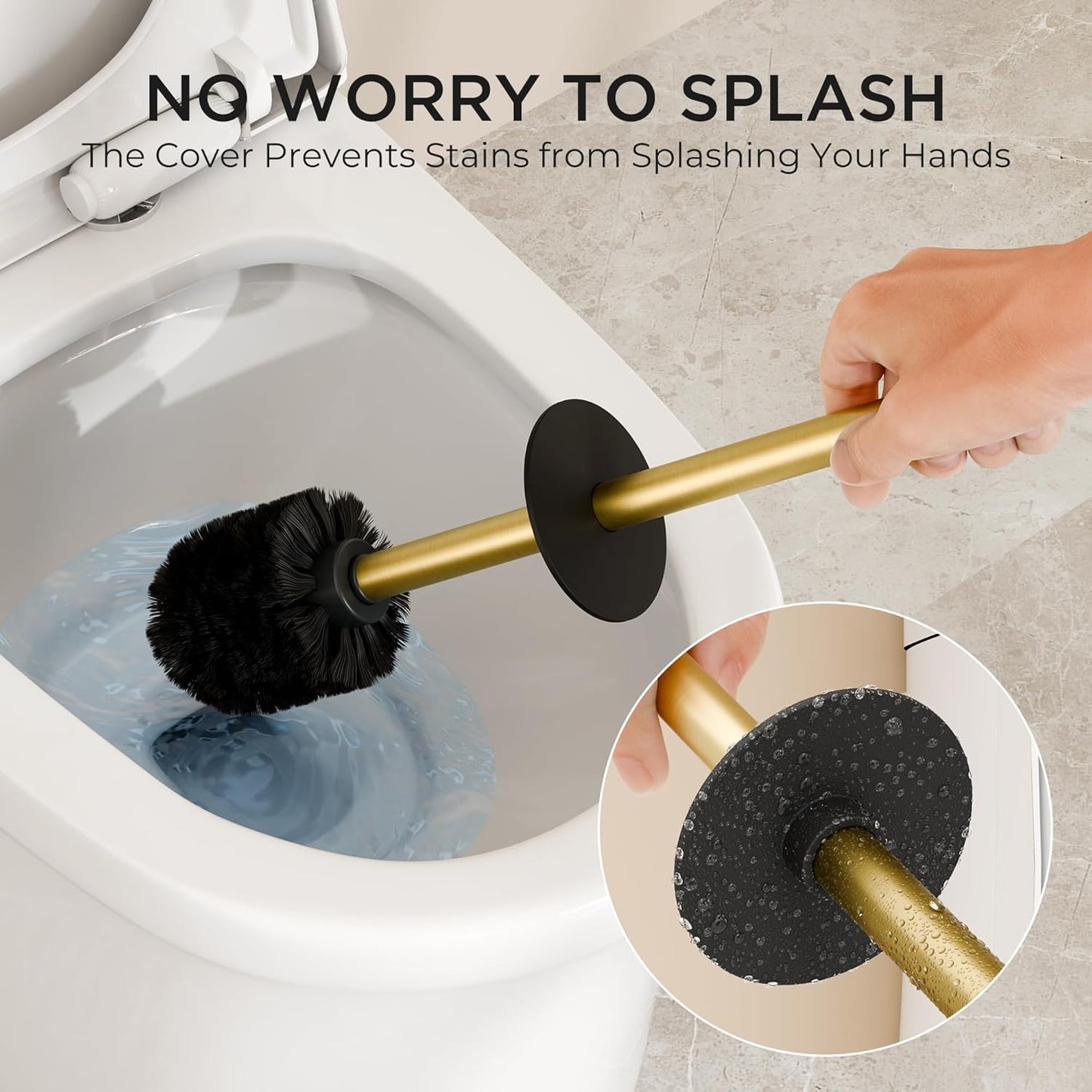 FORIOUS Toilet Brush and Holder Set, 304 Stainless Steel Long Handle and Heavy Duty Base for Bathroom Deep Cleaning, Drip-Proof, Space Saving for Storage, 2 Toilet Bowl Brush Head, Dark Gold