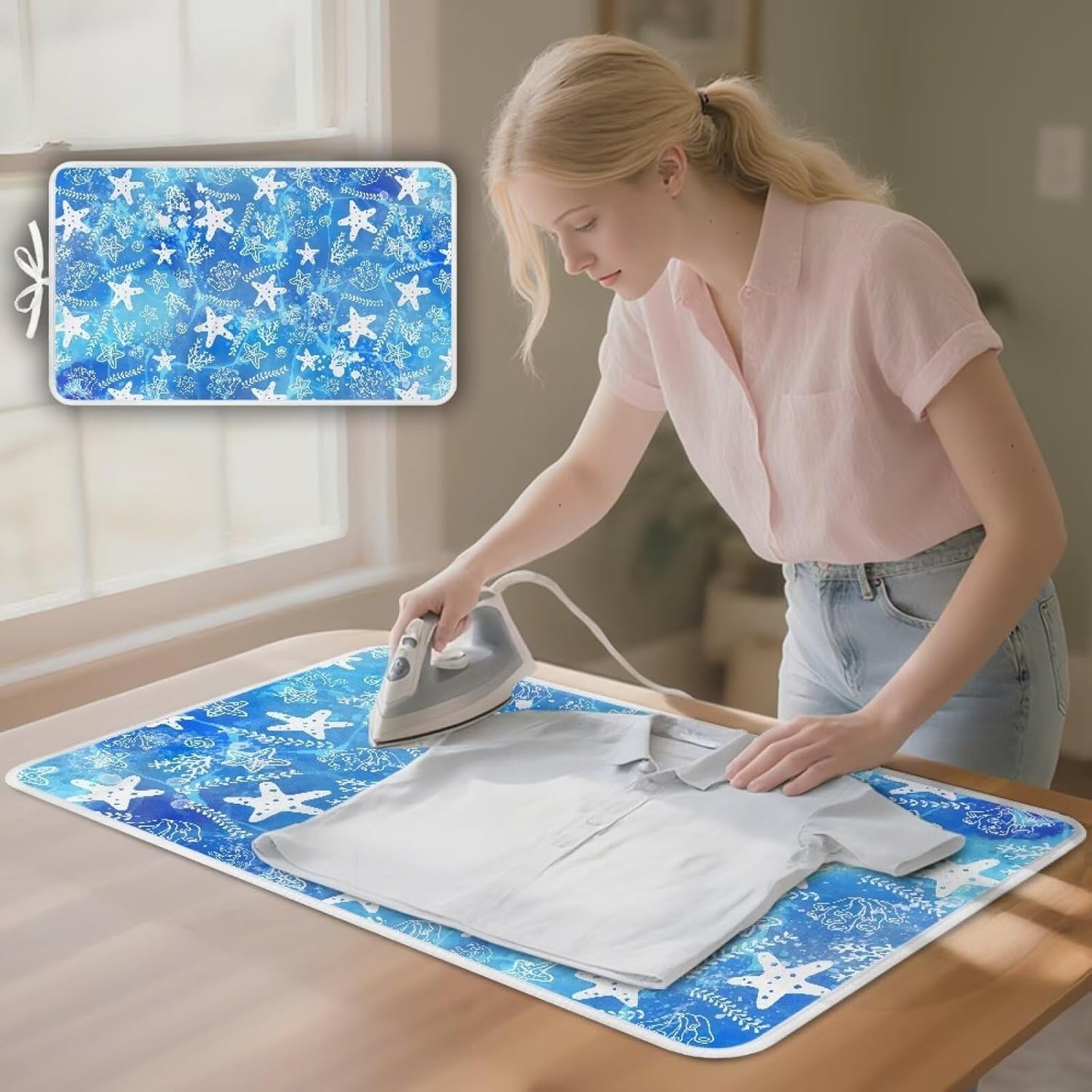 Ironing Mat Thickened Blue Stars Ironing Blanket Travel Portable Ironing Pad Travel Isolate Heat Pad Cover for Washer Dryer Table Top Countertop 32 x 16 Inch