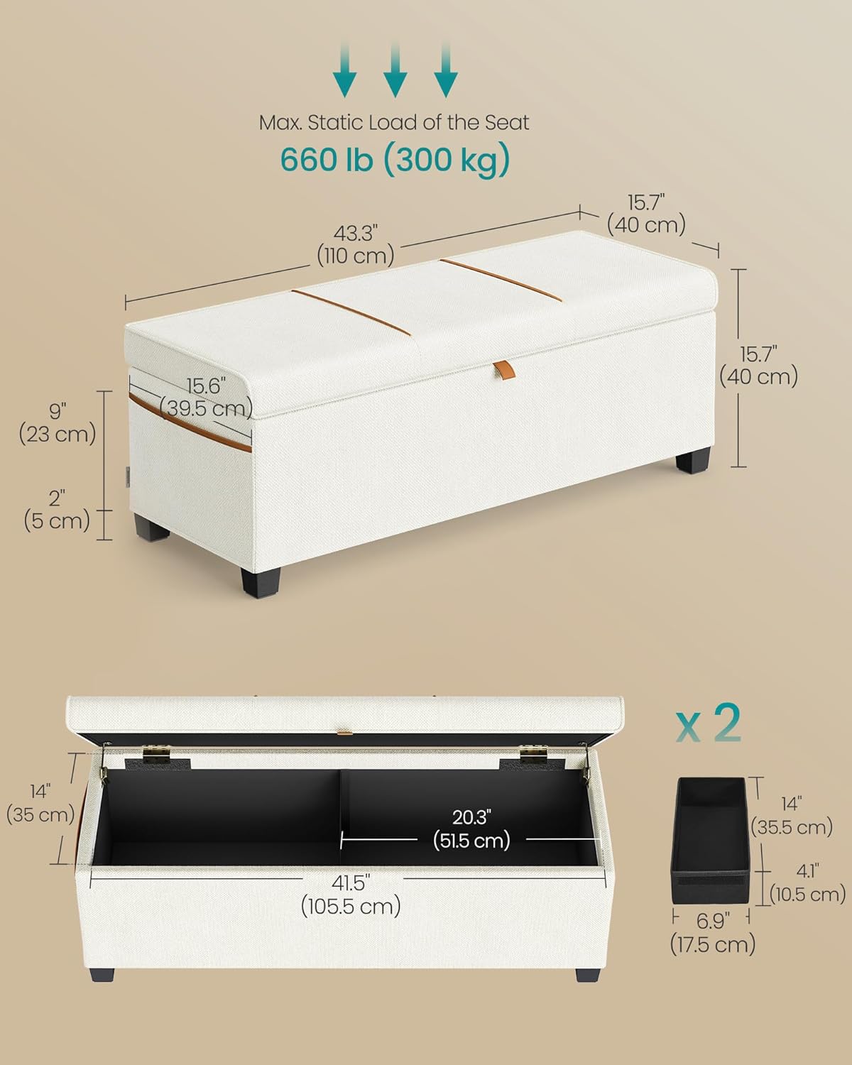 SONGMICS Storage Ottoman Bench, Storage Chest, 15.7 x 43.3 x 15.7 Inches, End of Bed Bench, 27 Gal. (103 L), for Bedroom, Entryway, Living Room, Cream White ULSF533W01
