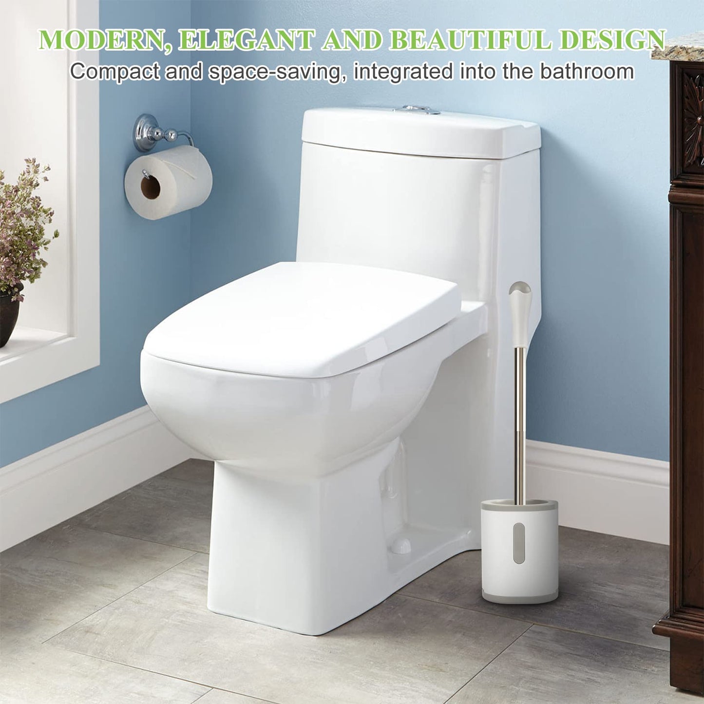 AONEZ Compact Toilet Brush & Holder, Stainless Steel Handle, Space Saving for Storage, Deep