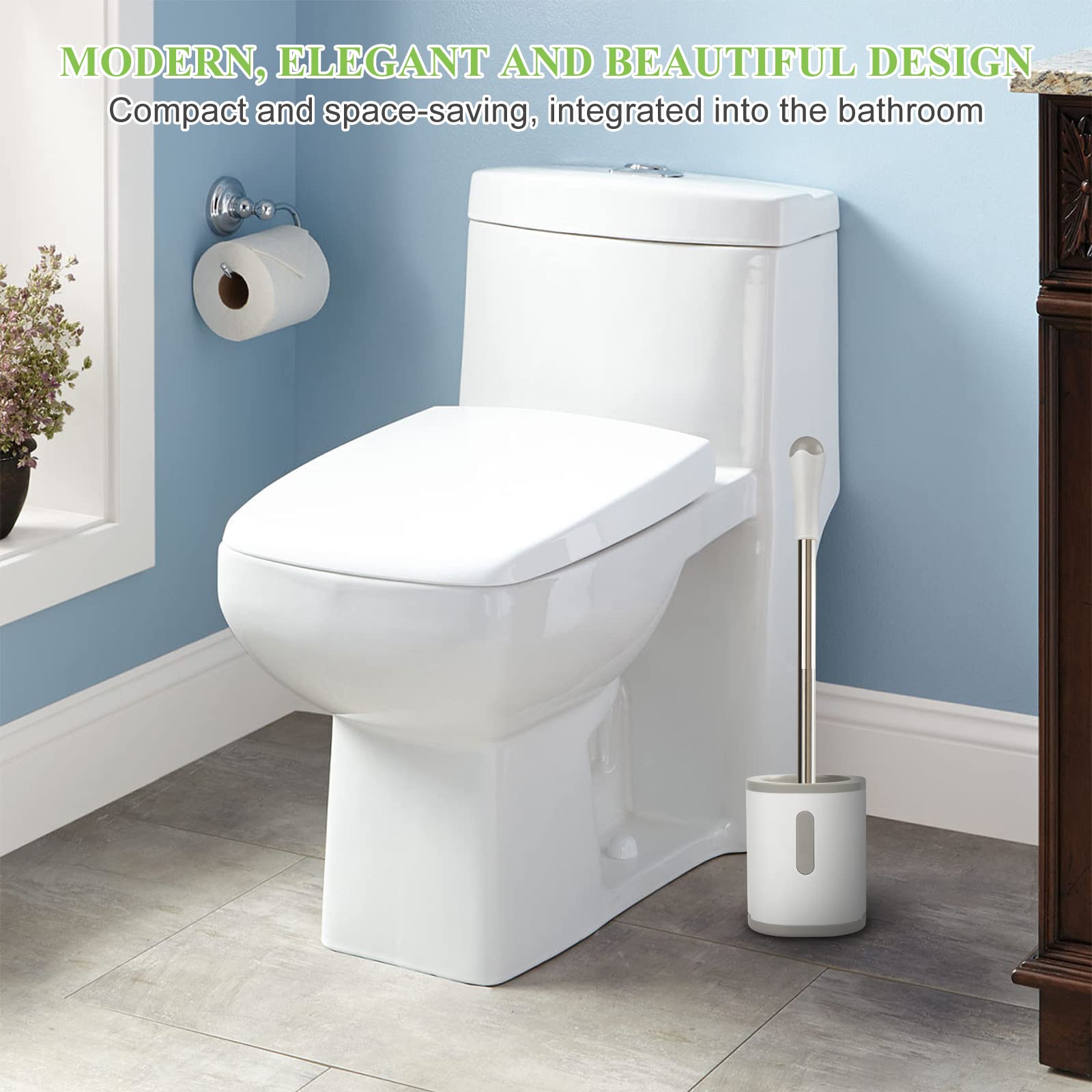 AONEZ Compact Toilet Brush & Holder, Stainless Steel Handle, Space Saving for Storage, Deep