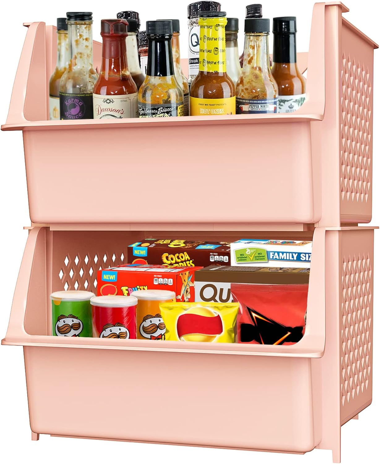 Skywin Plastic Stackable Storage Bins for Pantry - 2 Pack Stackable Bins For Organizing Food, Kitchen, and Bathroom Essentials (Cream)