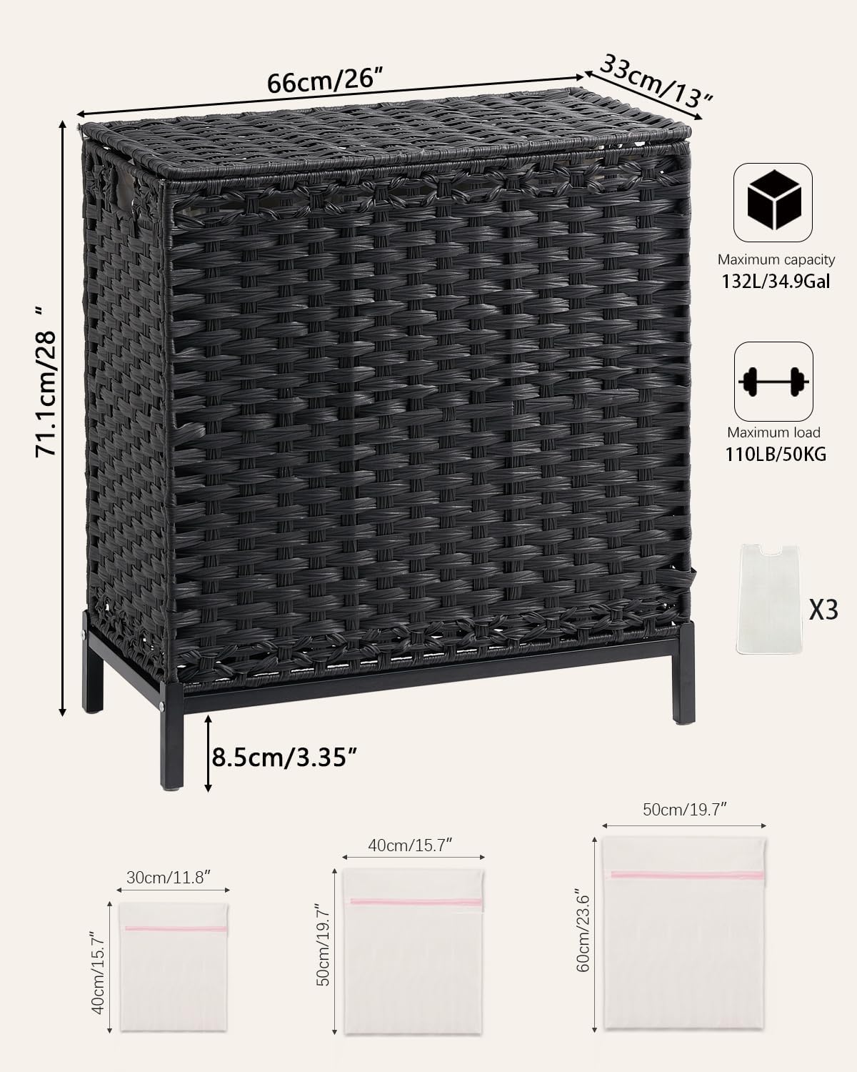 Laundry Hamper with Lid 132 L, (35 Gallons) Clothes Hamper with Lid, Handwoven Rattan Laundry Hamper with Metal Heightened Feet, Laundry Hampers with 3 Removable Liner Bags for Laundry-Black