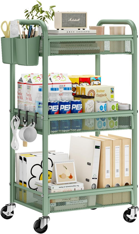 YASONIC 3 Tier Rolling Cart – Metal Utility Storage Cart with Wheels, Craft Carts Organizer with Hanging Cups, Hooks, Mesh Basket for Bedside Kitchen Office Art, Green