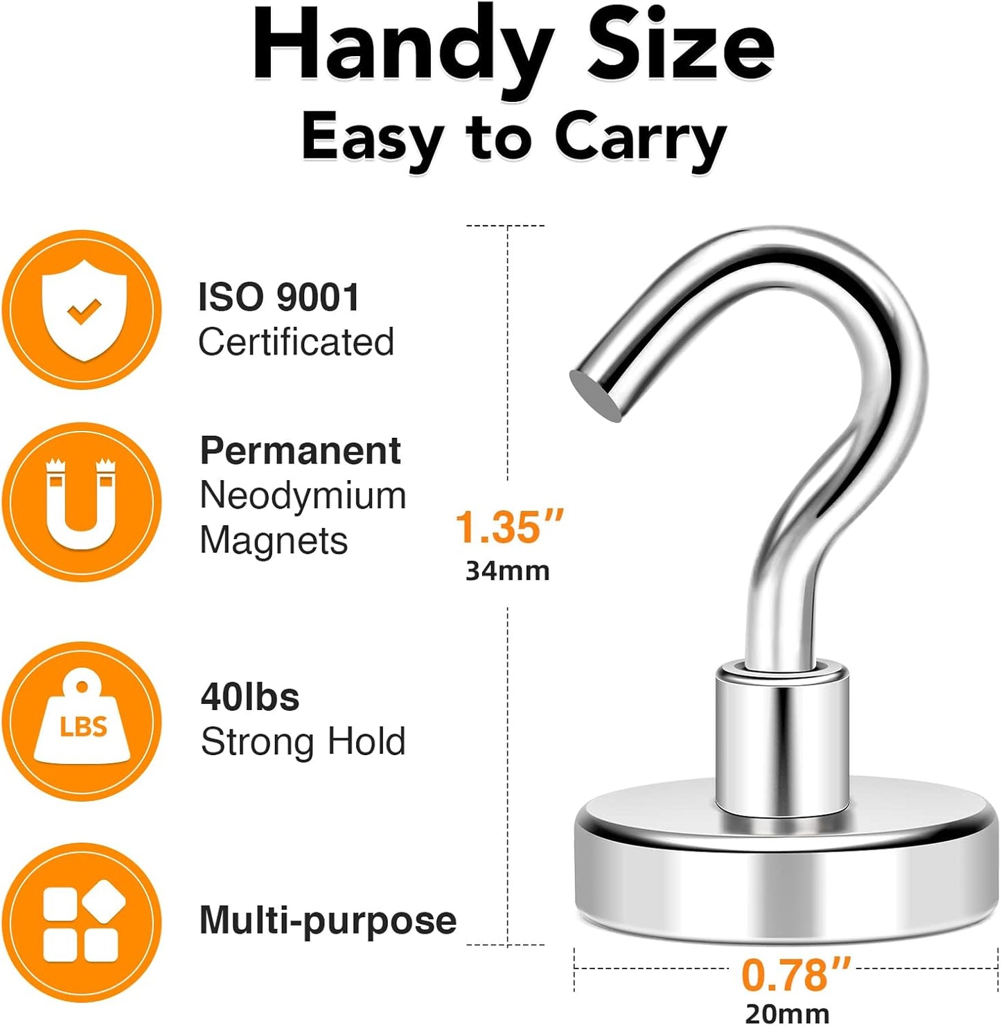 MIKEDE Magnetic Hooks, 40Lbs+ Heavy Duty Magnet Hooks for Cruise Cabins, Super Neodymium Hanging Hooks Strong Magnets with Hook for Fridge, Magnetic Hanger for Grill, Toolbox, Storage, Pack of 4