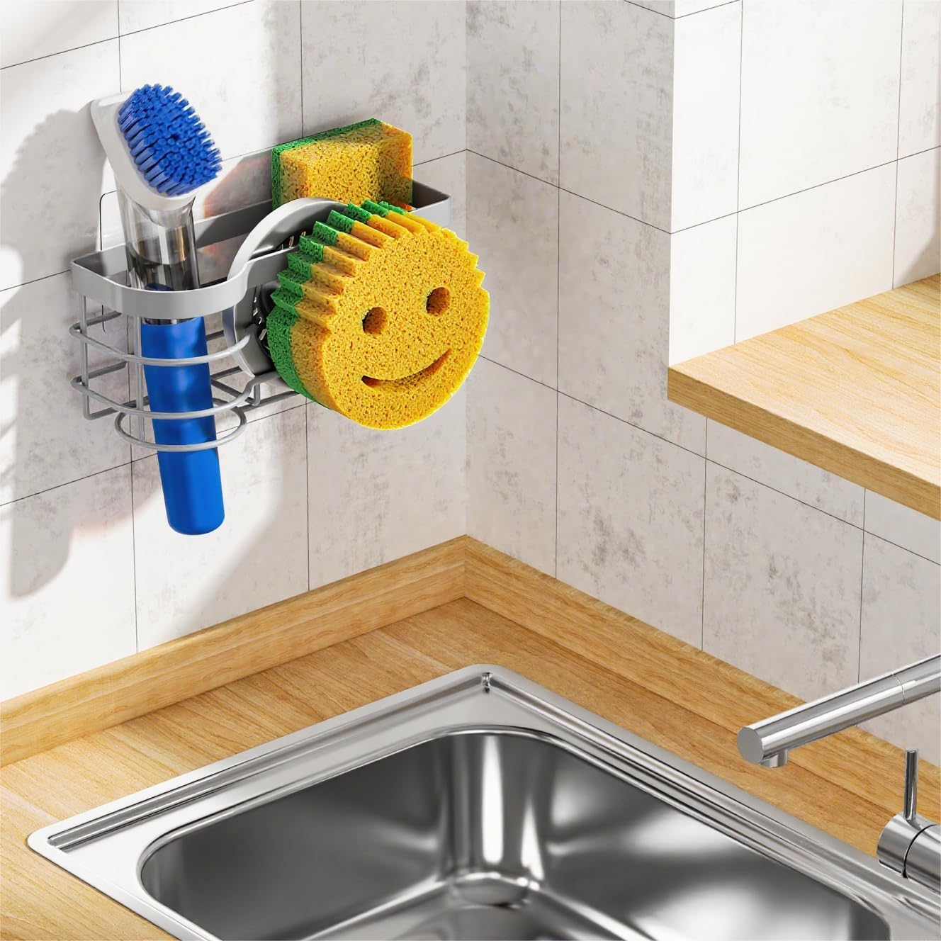 Cisily Grey Smiley Sponge Holder for Kitchen Sink Caddy, Stainless Steel Brush Holder Dish Cloth Hanger, Suction Cup Sink Organizer Scrubber