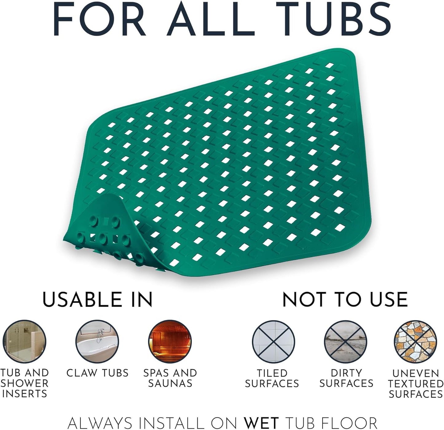 Homerella Anti Slip Shower Mat | Anti Mold Non Slip Bathtub Mat for Inside Shower | Square Floor Shower Mat 21 x 21 inch with Suction Cups for Grip & Hooks Hanging and Quick Drying | Machine Washable