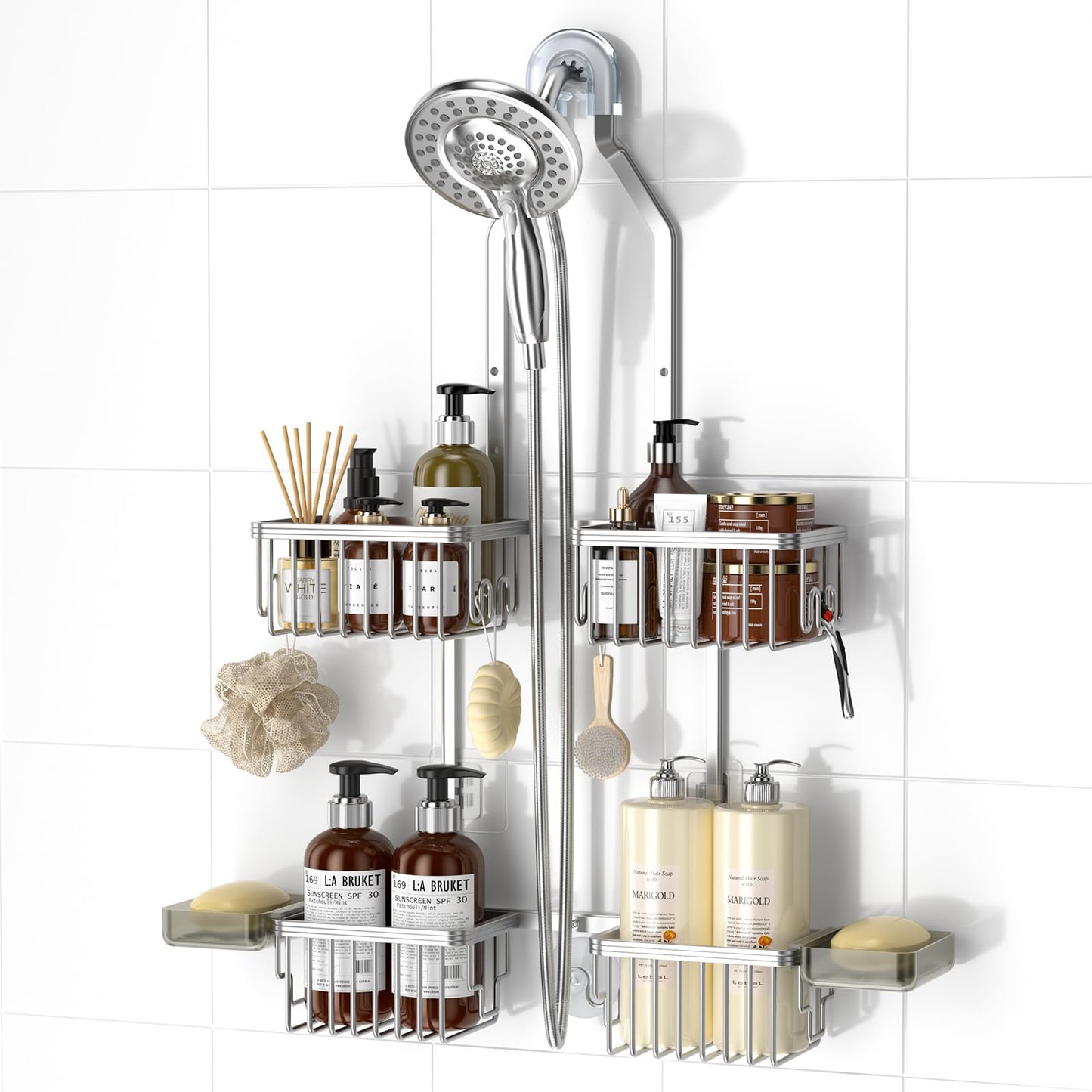 Adjustable Aluminum Shower Caddy Hanging for Handheld Showerhead, Silver