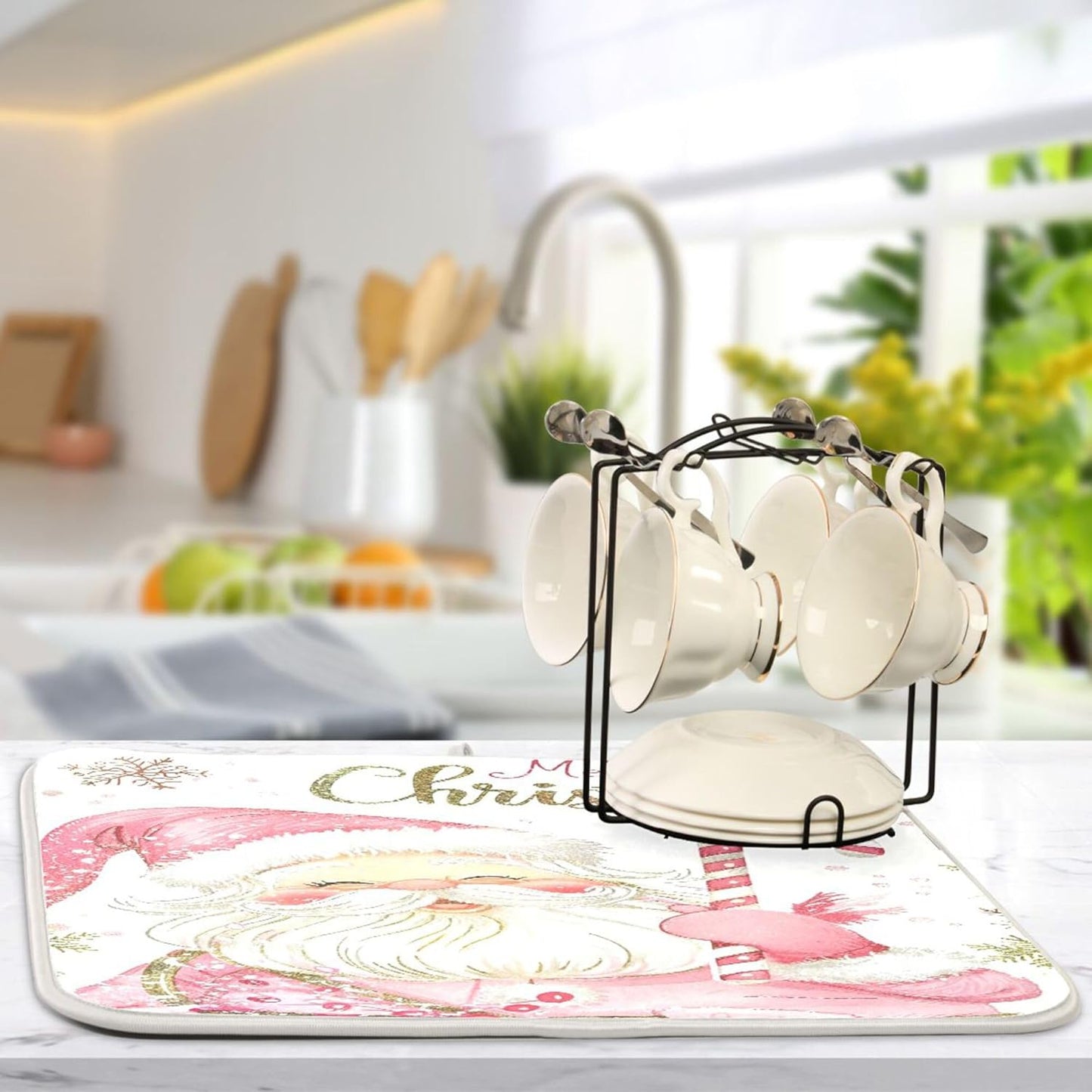 Christmas Santa Claus Pink Dish Drying Mat for Kitchen Countertop 18x24 Xmas Candy Cane Snowflake Large Drying Mat Reusable Quick Dry Dish Sink Mats Easy Clean Decorative Essentials