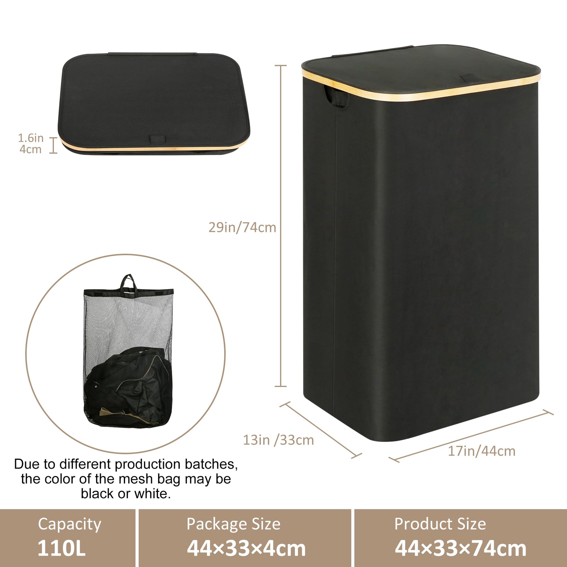 IEGrow Laundry Hamper with Lid,110L Laundry Basket with Mesh Bags,Black