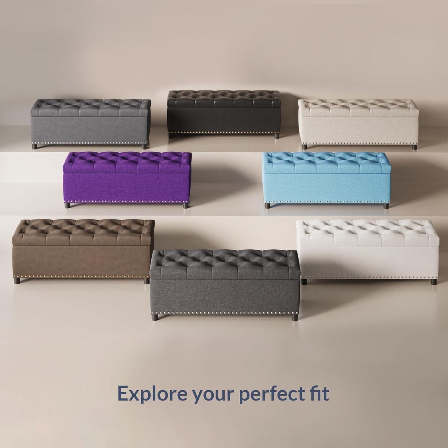 BELLEZE 47" Storage Ottoman, Storage Bench with Safety Close Hinge, Linen Button-Tufted Ottoman for Living Room, Entryway, Hallway, Foot Rest, Support 300lbs - Gray