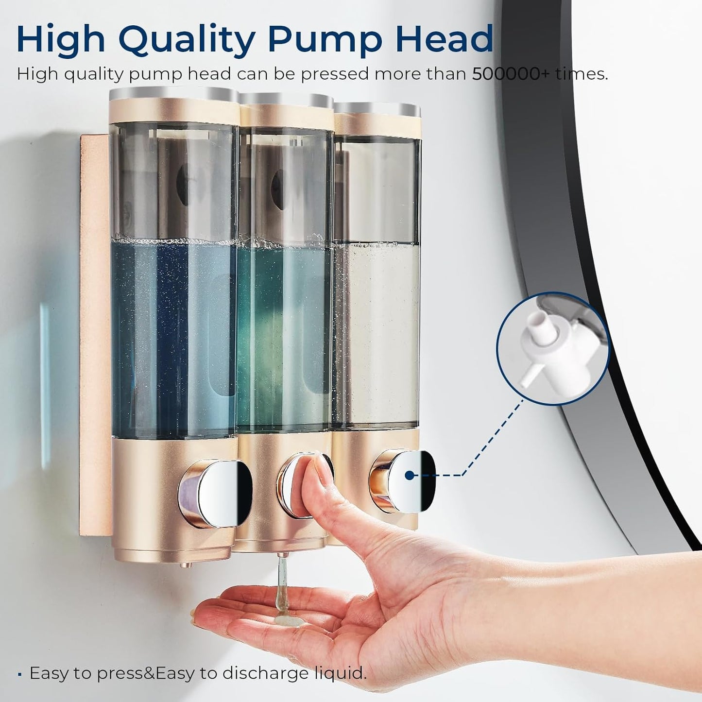 pollock Shampoo Conditioner Dispenser Shower Soap Dispenser 3 Chamber No Drill Shampoo Dispenser for Shower Wall Mounted Shampoo Conditioner Body Wash Dispenser for Bathroom Hotel Gold
