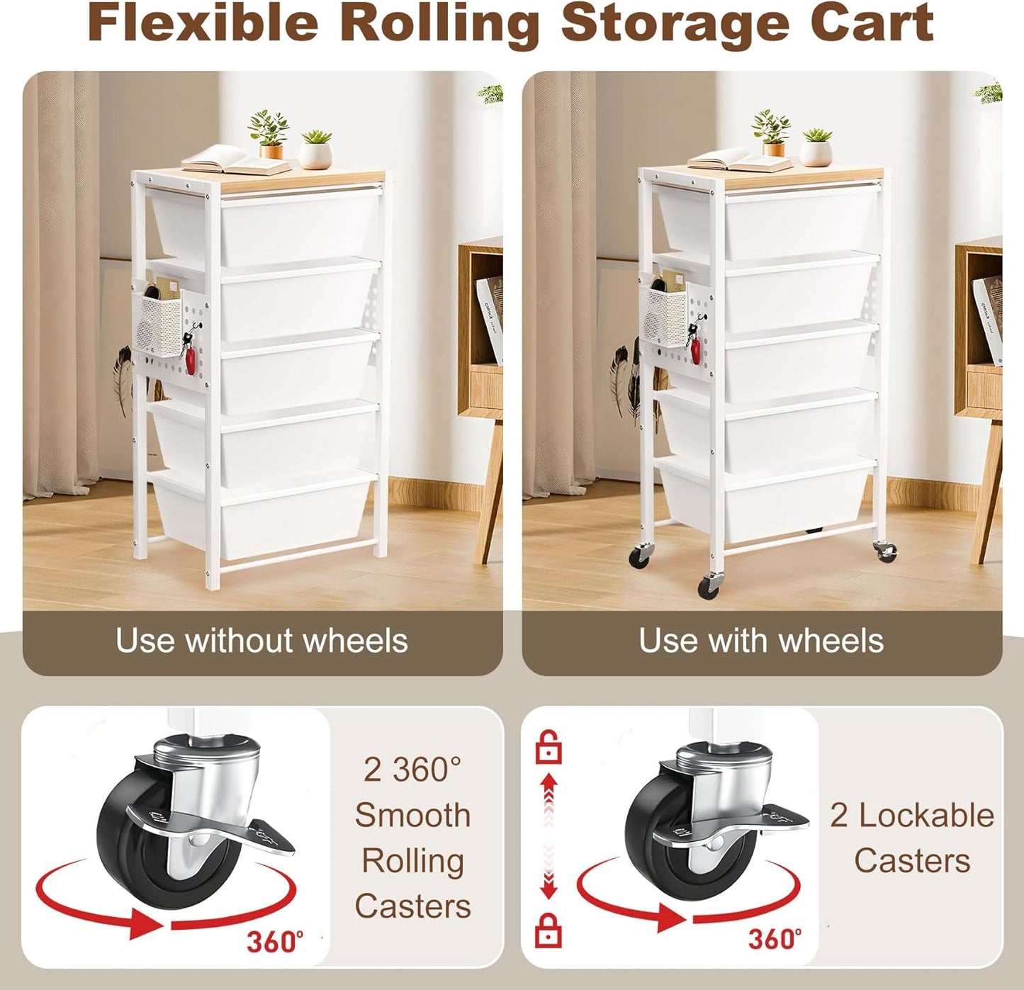Rolling Cart with Drawers, Rolling Storage Cart with 4 Large Plastic Drawers & Wooden Tabletop, Utility Cart with Pegboards & Basket, Storage Drawers Cart for Living Room, Classroom, Bedroom, Office