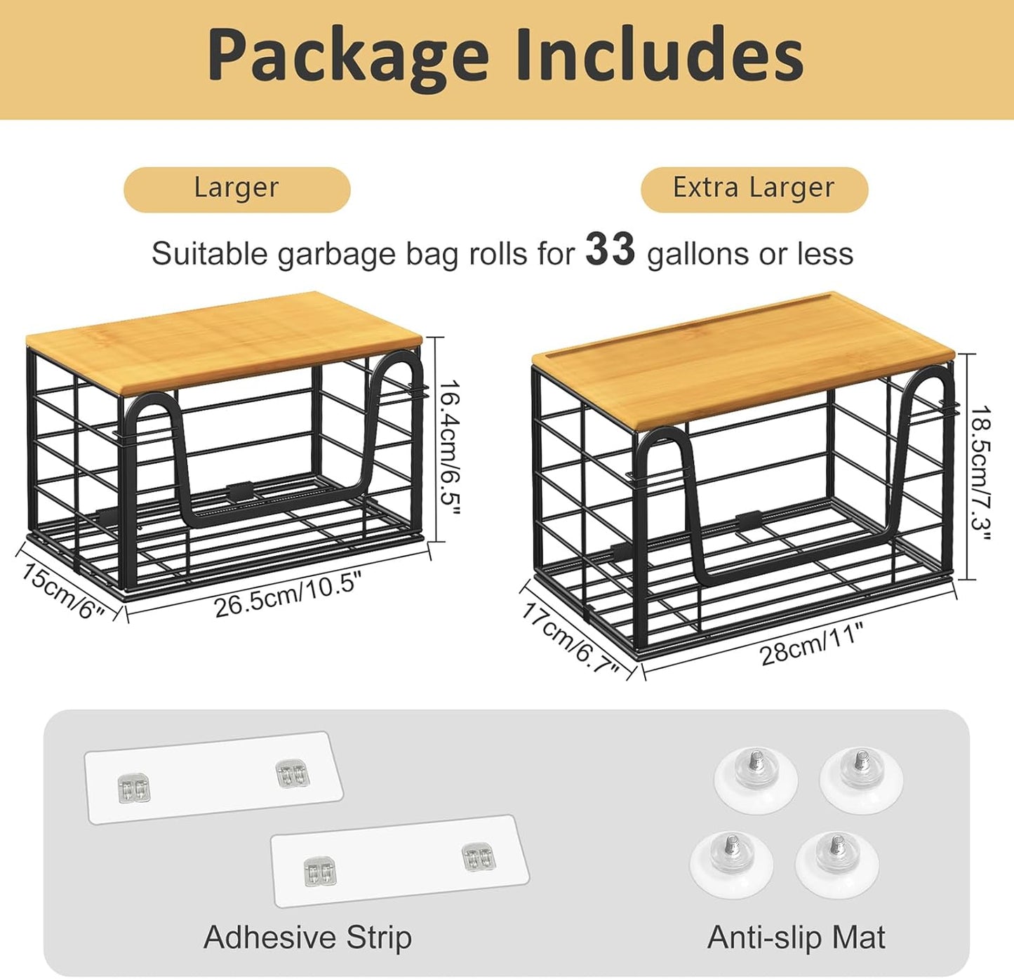 2 Pack Trash Bag Holder - Extra Large Stackable Storage for Kitchen Pantry Laundry Room Organization, Wall Mount Garbage Bag Dispenser with Bamboo Top for Under Sink Organizer, Fits 13/30/33 Gallons