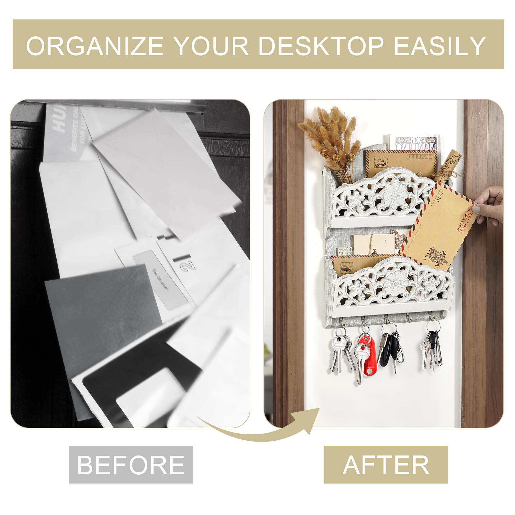 Key and Mail Holder for Wall, 2-Slot Mail Organizer Wall Mount 5 Key Hooks