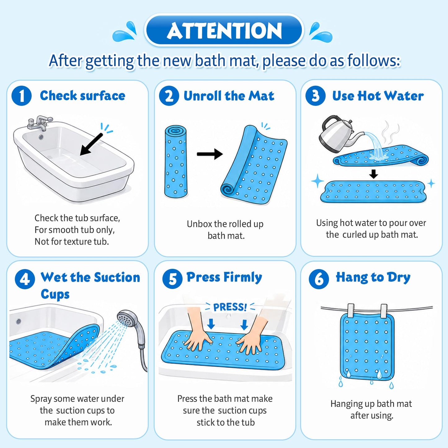 XIYUNTE Baby Bath Mat for Tub Non Slip, BPA Free Extra Long Bathtub Mat Non Slip 40x16 with Drain