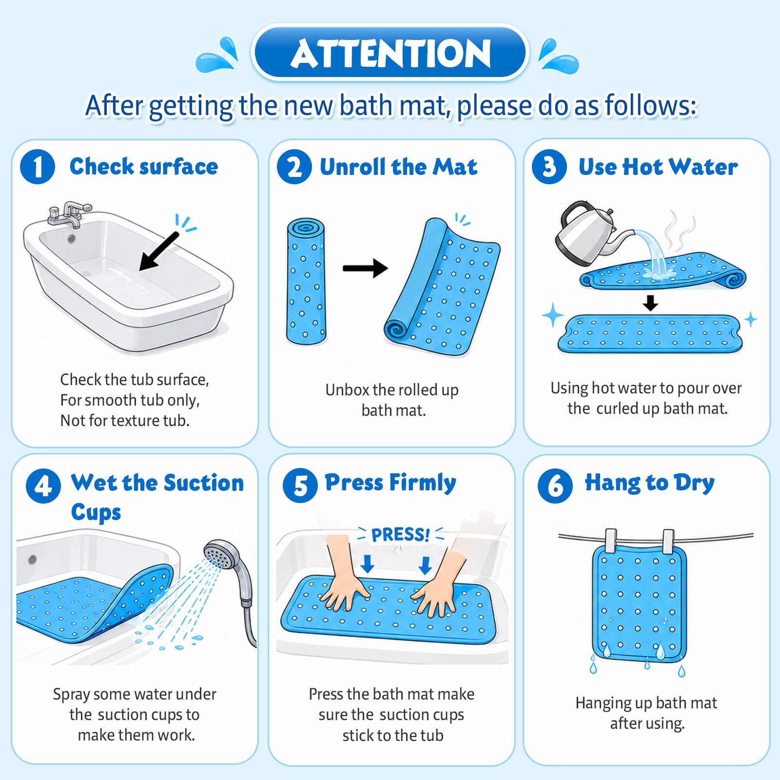 XIYUNTE Baby Bath Mat for Tub Non Slip, BPA Free Extra Long Bathtub Mat Non Slip 40x16 with Drain